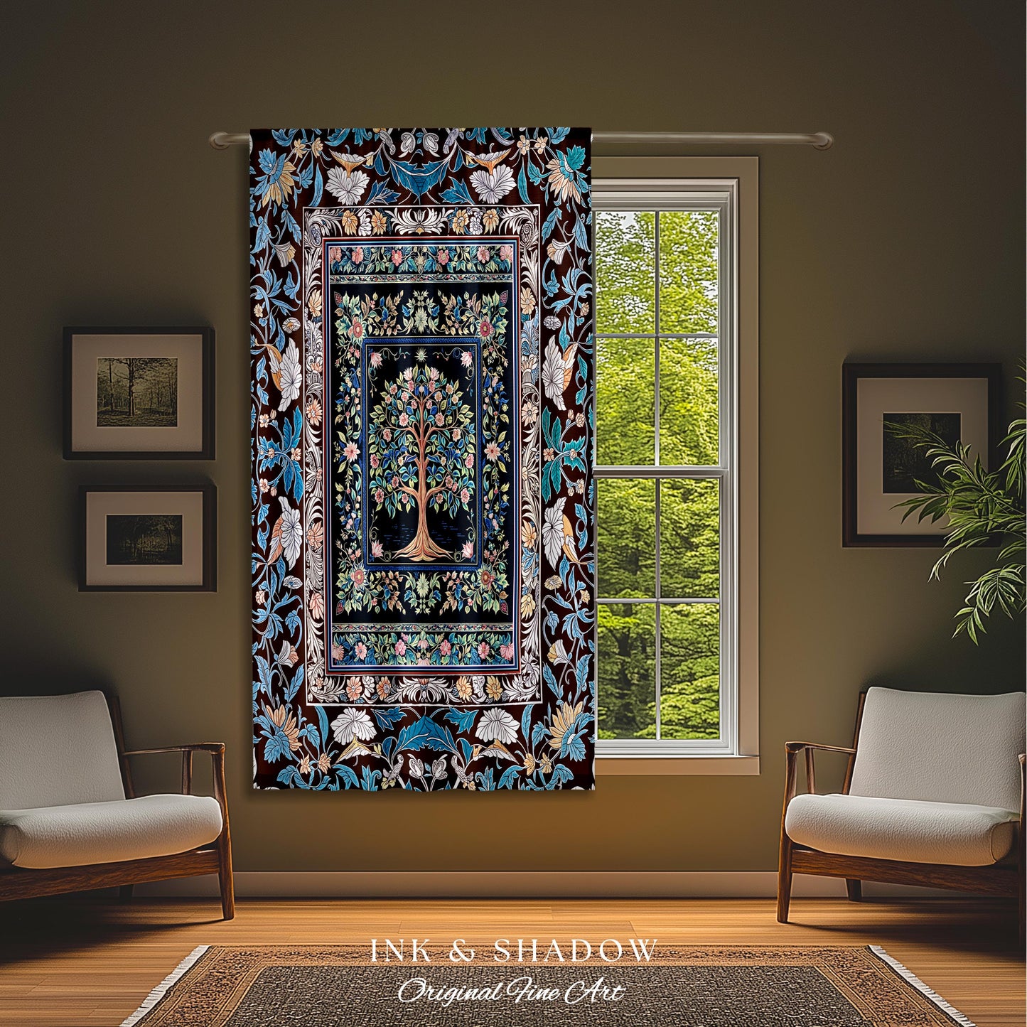 Ornate Grove Tree of Life Curtain | Lush Floral Detailing Heirloom Tapestry Drapes Baroque Nature Theme Cottagecore Living Room Decor Accent