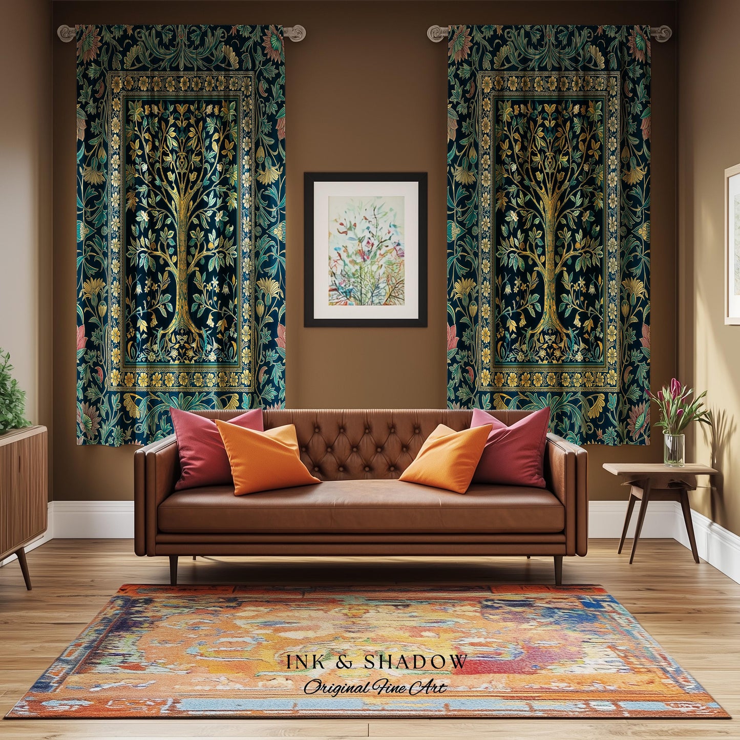 Elegant Cool Toned Tree Curtain | Enchanted Bohemian Decor Ornate Botanical Accent Romantic Maximalist Gothic Style Living Room Drapes Boho