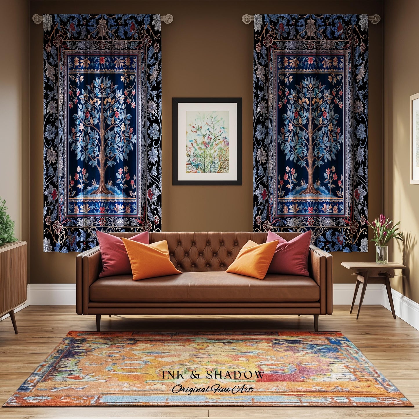 Dark Woodland Rich Baroque Tree of Life Curtain | Intricate Garden Decor Romantic Baroque Floral Accent Morris Inspired Woodland Drapes |