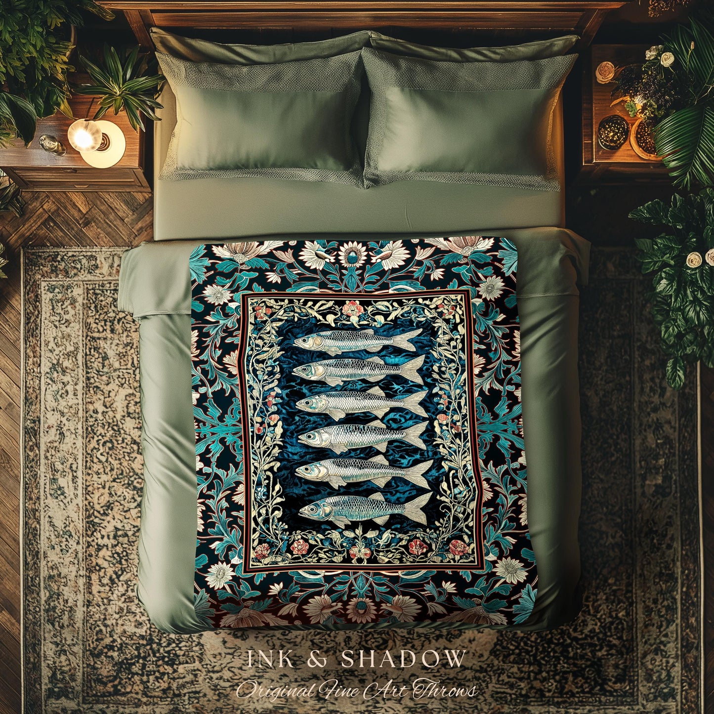 Bohemian Whimsy Sardine Blanket Coastal Ocean Academia Decor, Fairy Grunge Cottagecore Sealife Marine Rustic Fish Beach House Tapestry Throw