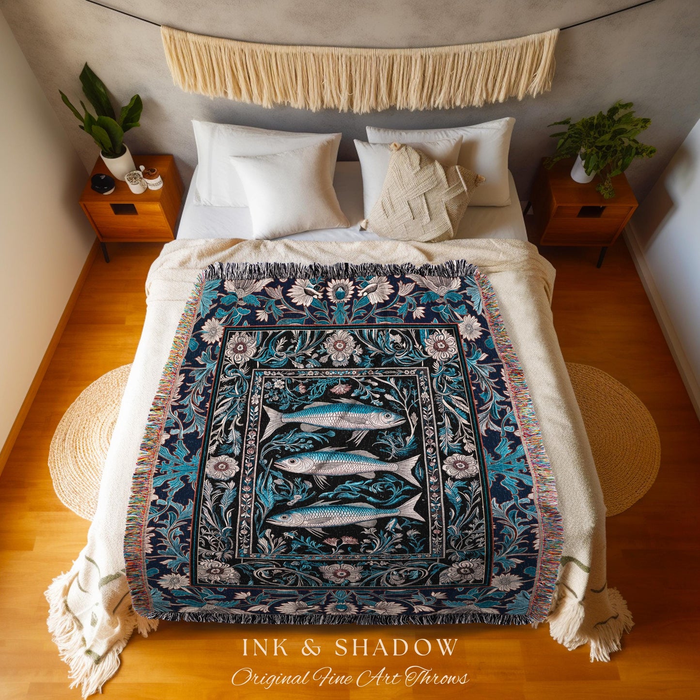 Scandi Nautical Sardine Art Picnic Blanket Dark Academia Marine Ocean Fish Decor, Coastal Nordic Beach Home Rustic Sea Art Cottagecore Throw