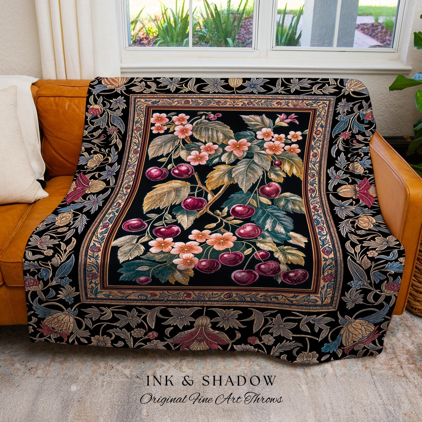 Dark Romantic Cherry Blossom Throw Blanket | Vintage Botanical Gothic Floral Design Moody Garden Accent Baroque Cottagecore Woven Tapestry |