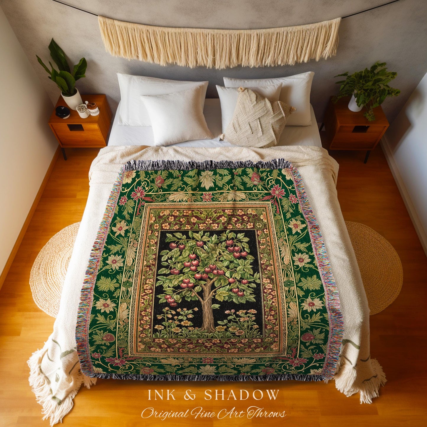 Woodland Folklore Tree of Life Throw Blanket | Romantic Botanical Decor Vintage Garden Baroque Floral Style Cottagecore Woven Wall Tapestry
