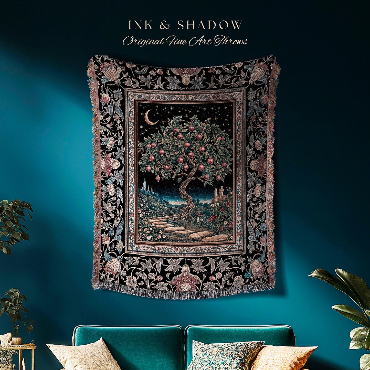 Twilight Orchard Tree Life Tapestry | Enchanted Harvest Aesthetic Crimson Moonlit Medieval Magic Style Eclectic Woven Throw Blanket Witchy |
