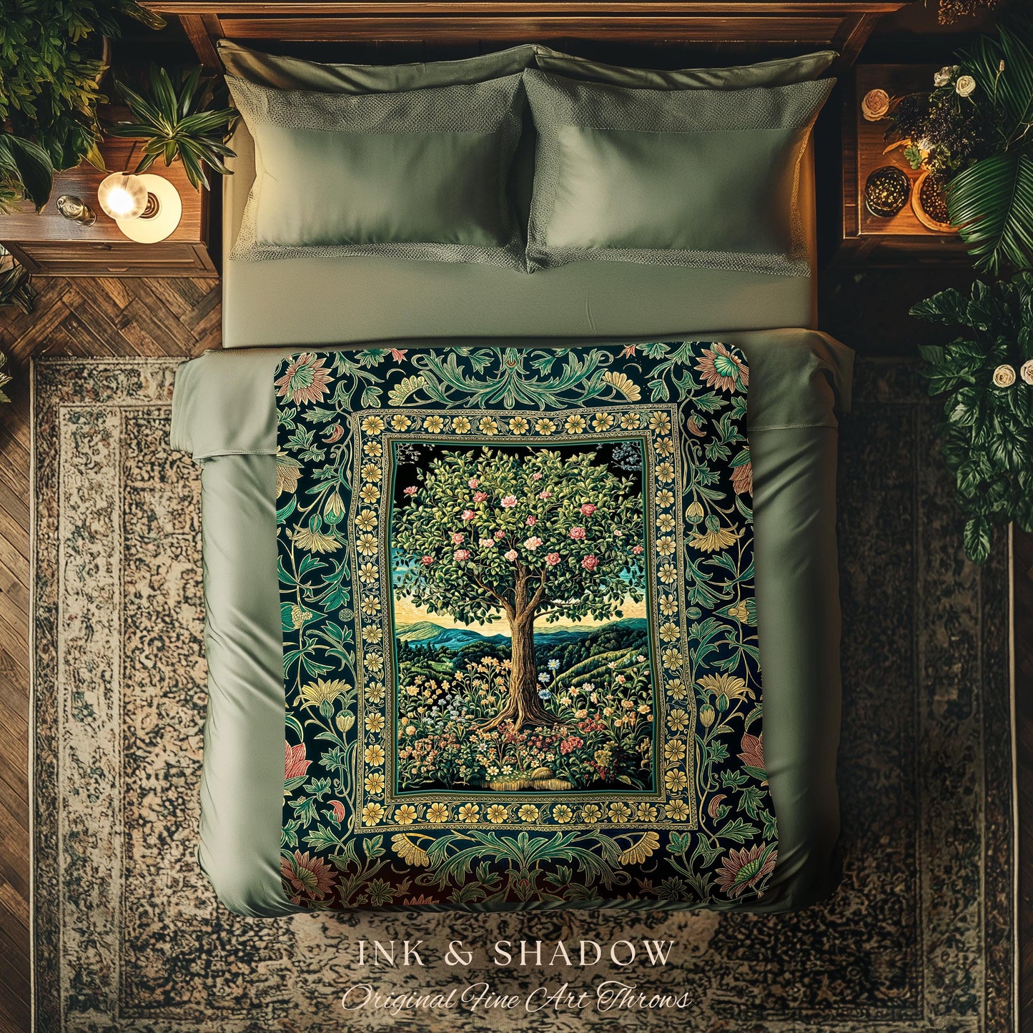 Countryside Sunset Tree of Life Blanket | Elegant Floral Landscape Wildflower Decor Nature Inspired Cottagecore Woven Tapestry Storybook |