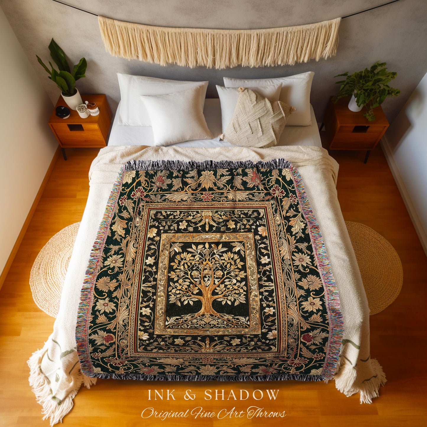 Regal Golden Tree of Life Wall Tapestry | Gilt Border Ornate Medieval Design Folklore Style Woodland Decor Maximalist Throw Blanket Nordic |