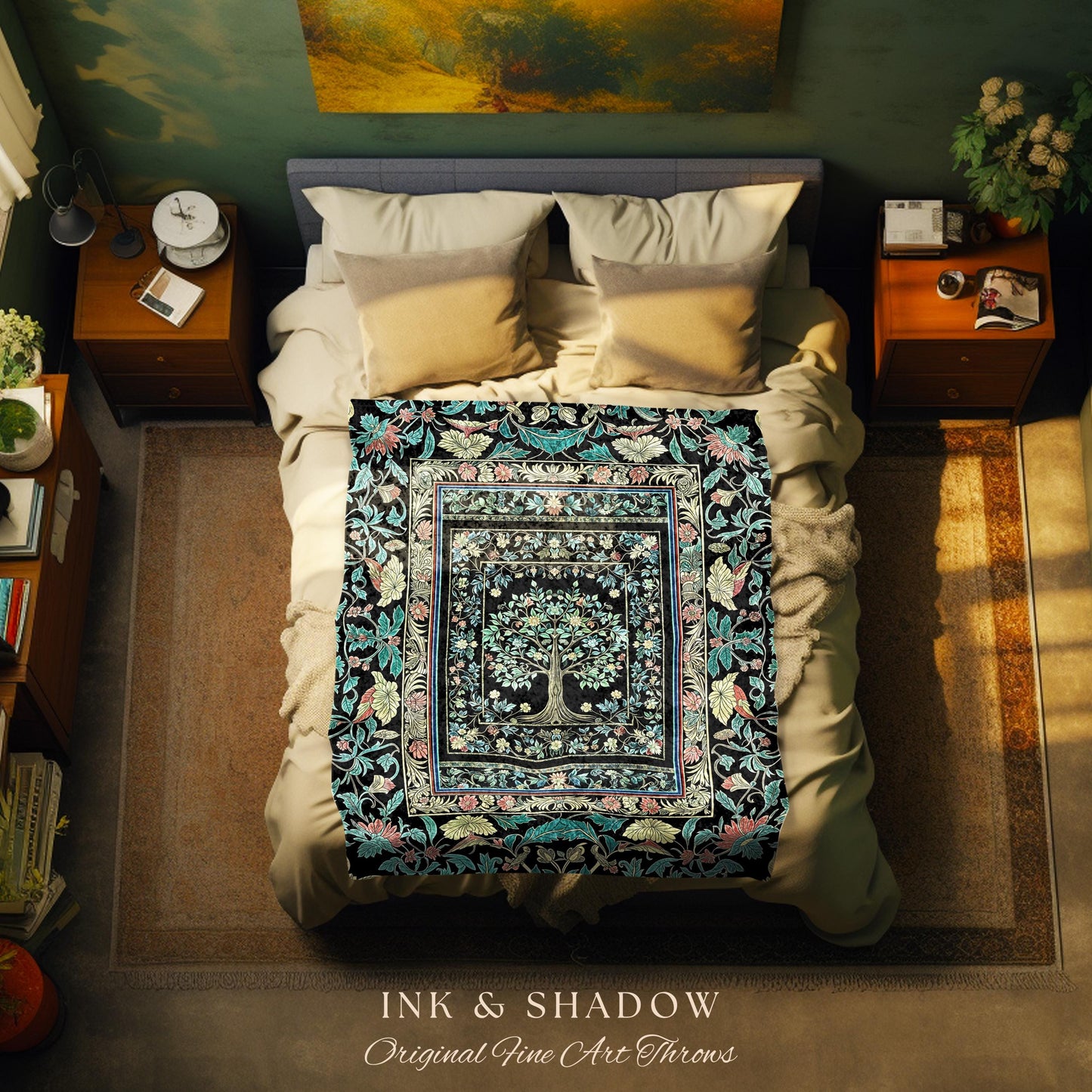 Dark Gothic Pastel Tree of Life Woven Tapestry | Ornate Floral Border Whimsical Botanical Pattern Folk Garden Style Classic Throw Blanket |