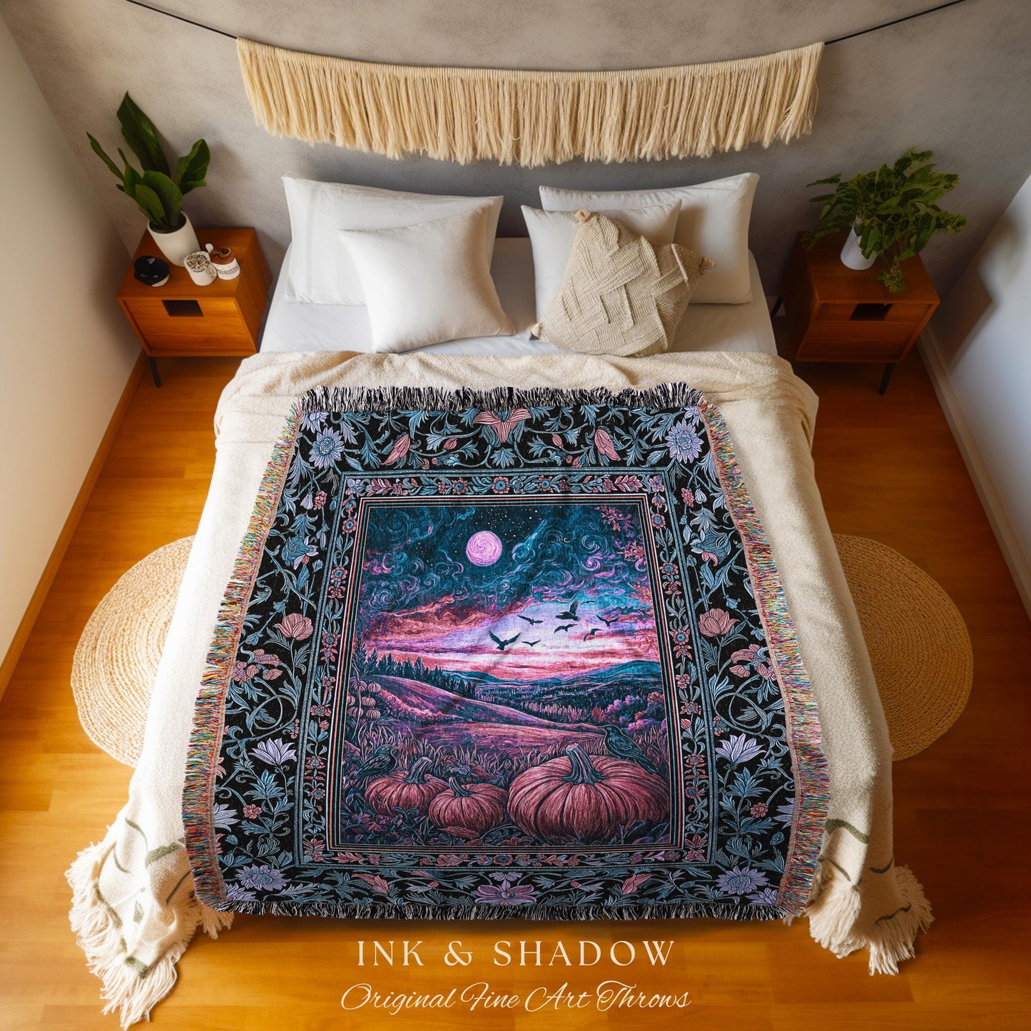 Rustic Crowcore Enchanted Pumpkin Landscape Woven Tapestry | Gothiccore Autumn Aesthetics Cozy Dark Academia Fall Amethyst Whimsigothic Vibe