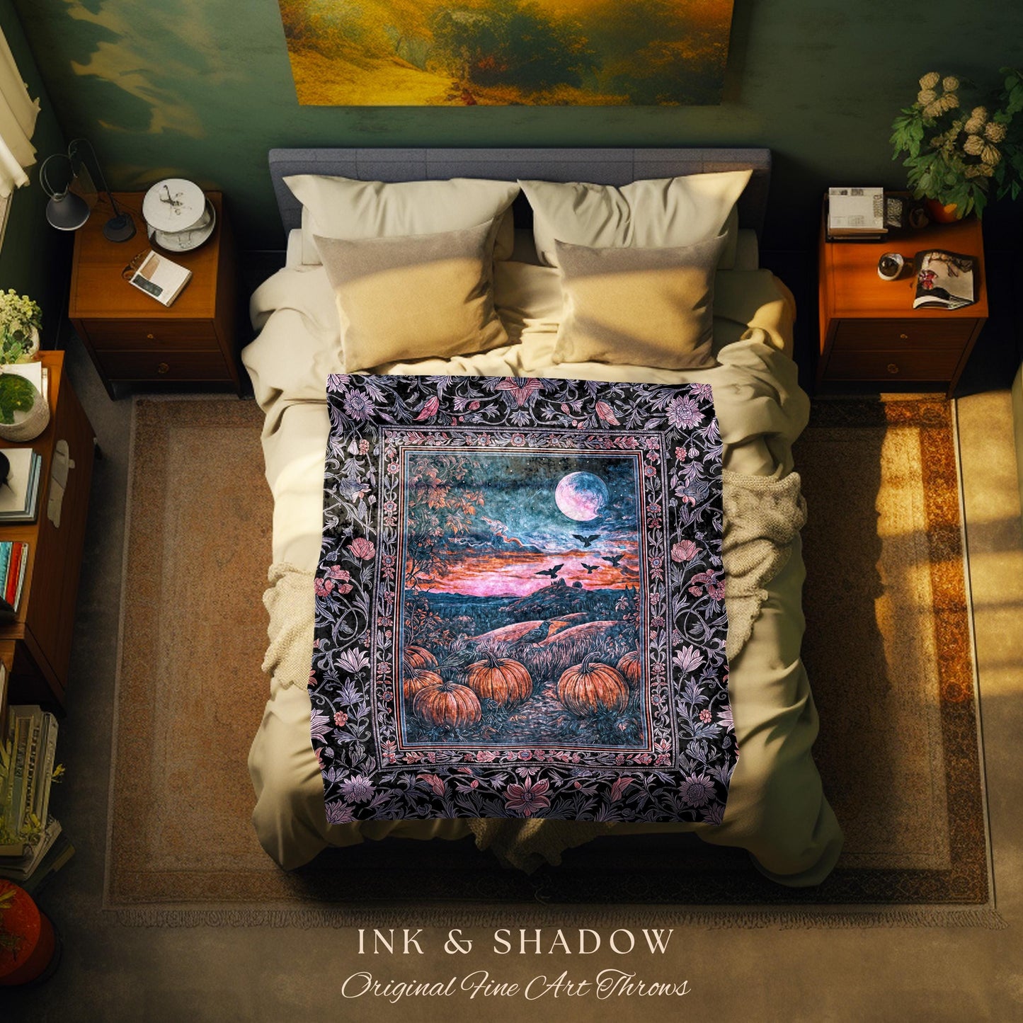 Whimsigothic Raven Full Moon Pumpkins Woven Throw | Dreamy Aesthetic Fall Vibes Witchy Dark Academia Tapestry Baroque Spooky Season Decor