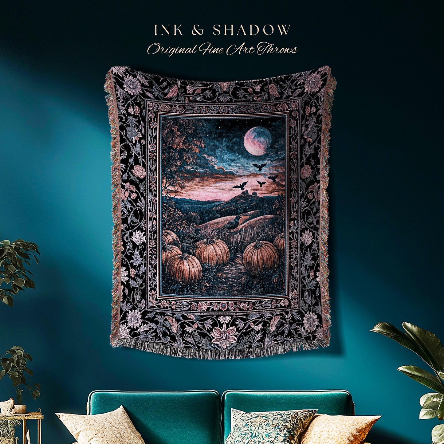Whimsigothic Raven Full Moon Pumpkins Woven Throw | Dreamy Aesthetic Fall Vibes Witchy Dark Academia Tapestry Baroque Spooky Season Decor