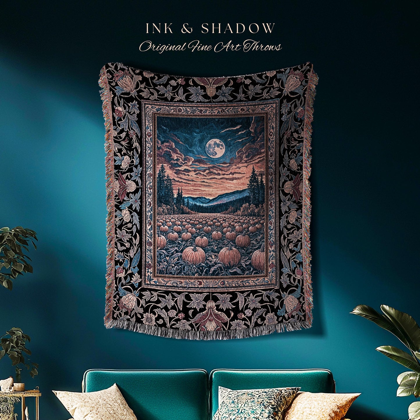 Celestial Autumn Sunset Throw Blanket | Cozy Fall Accent Dark Academia Aesthetic Autumn Vibes Rustic Decor Whimsigoth Pumpkin Wall Tapestry