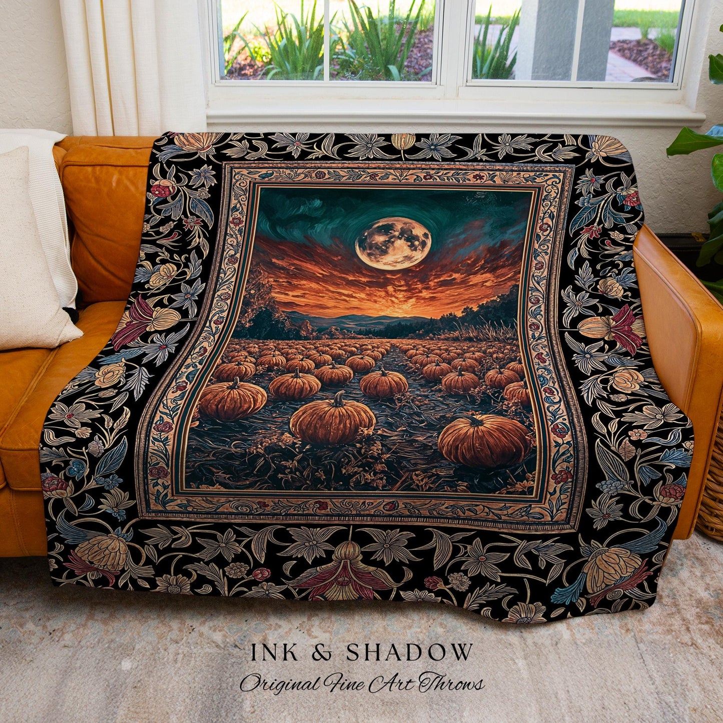 Cozy Pumpkin Landscape Woven Blanket | Dark Academia Throw Autumn Vibes Aesthetic Tapestry Cute Spooky Decor Whimsigoth Halloween Accent |