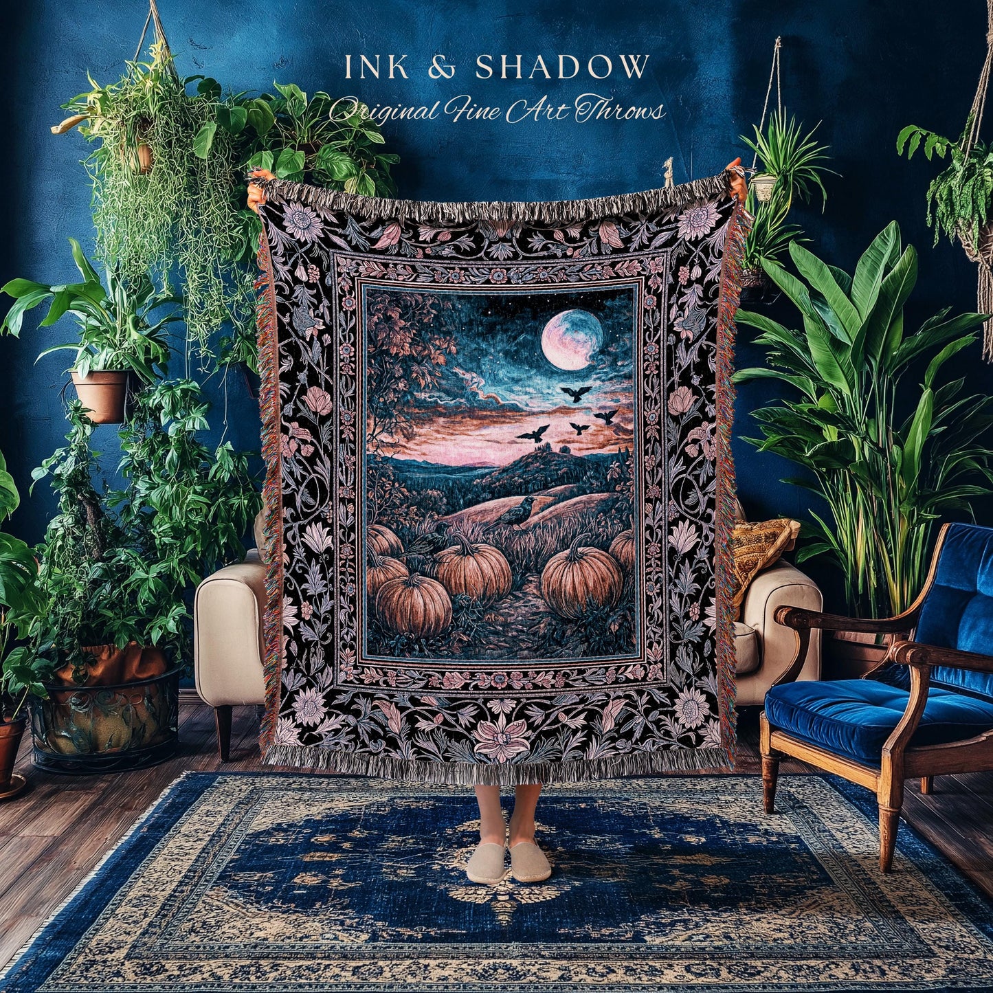 Whimsigothic Raven Full Moon Pumpkins Woven Throw | Dreamy Aesthetic Fall Vibes Witchy Dark Academia Tapestry Baroque Spooky Season Decor