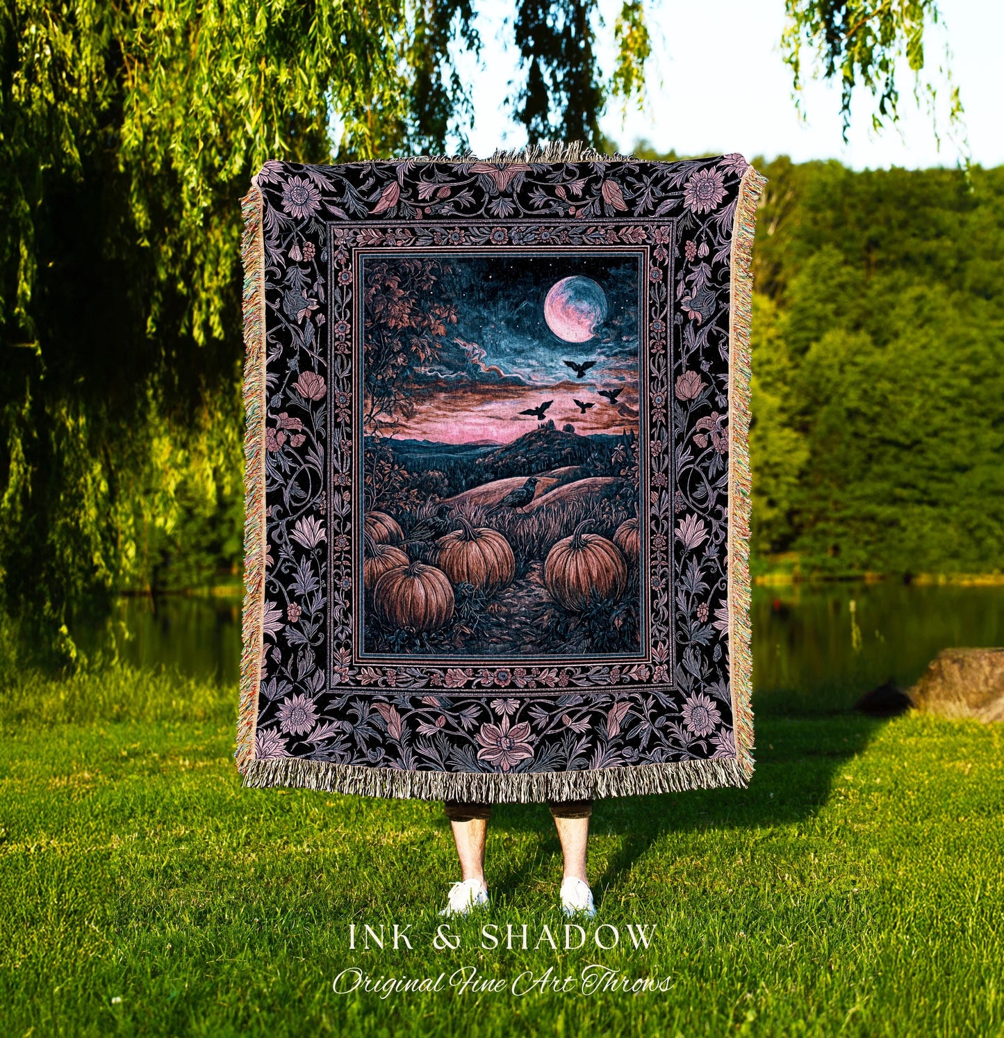 Whimsigothic Raven Full Moon Pumpkins Woven Throw | Dreamy Aesthetic Fall Vibes Witchy Dark Academia Tapestry Baroque Spooky Season Decor