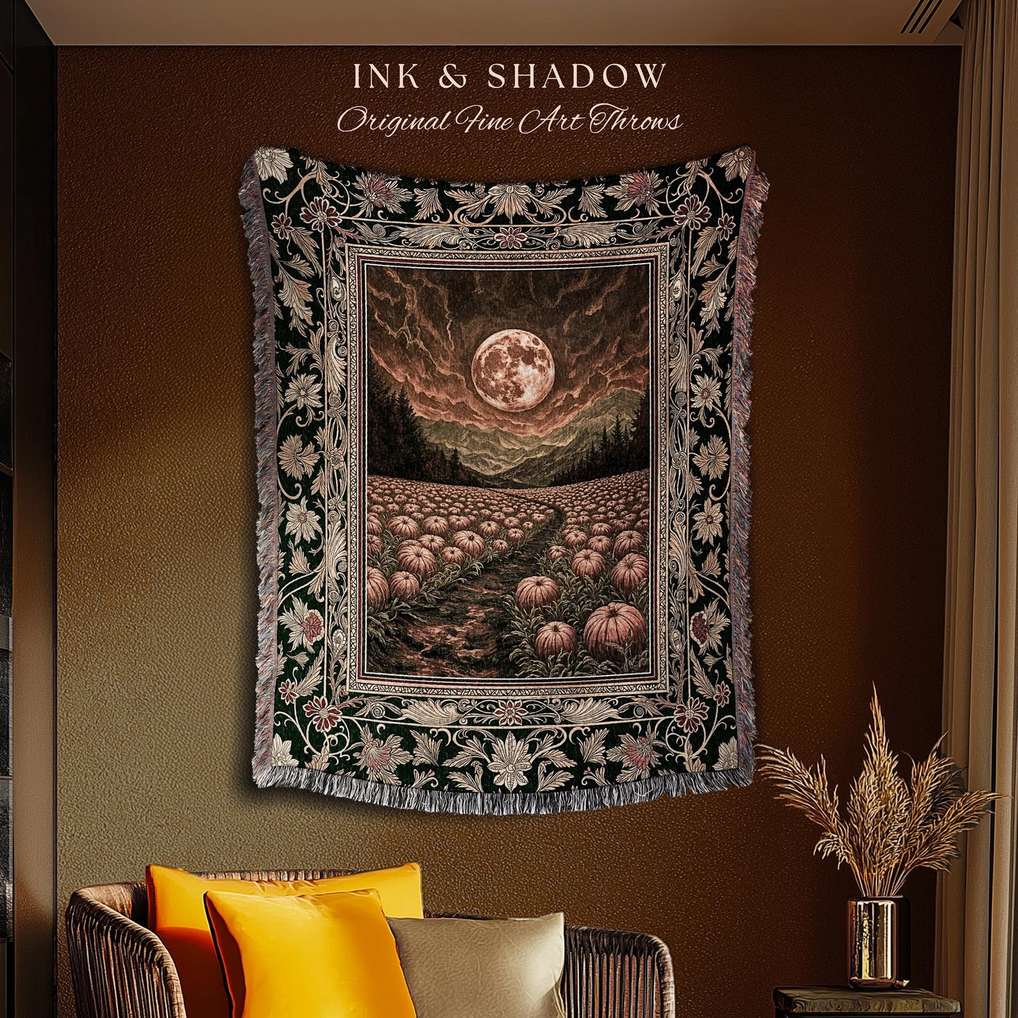 Amber Sunset Cozy Fall Throw | Dark Academia Autumn Aesthetic Bookish Blanket Spooky Season Vibes Pumpkin Crowcore Rustic Woven Tapestry |