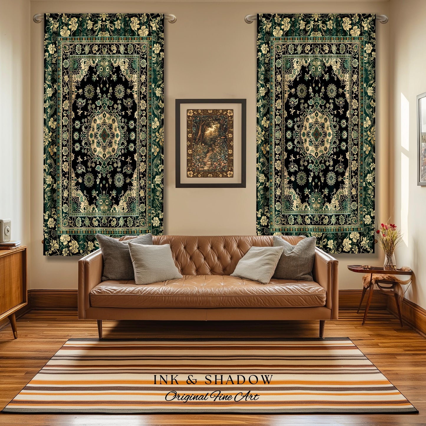 Victorian Gothic Bedroom Curtains | Reading Nook Cozy Window Drapes Ornate Statement Rug with Blue Green Detail Cottagecore Dark Academia