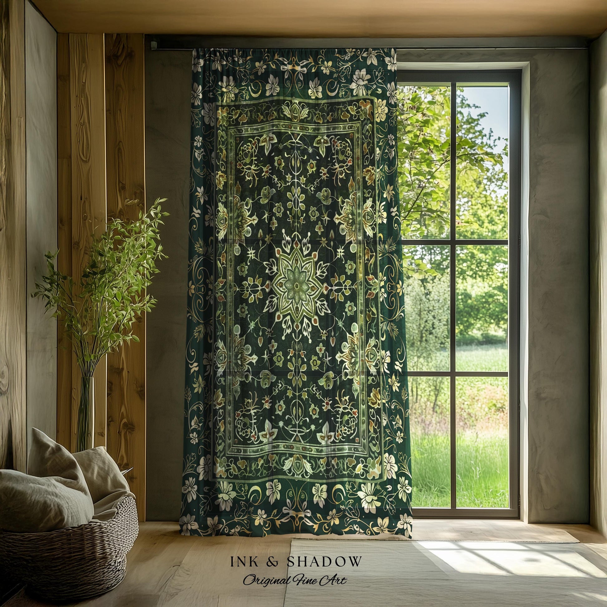 Moody Emerald Green Curtains | Persian Green Window Drapes Ornate with Blue Green Detail Dark Academia Victorian Gothic Aesthetic Dark Teal