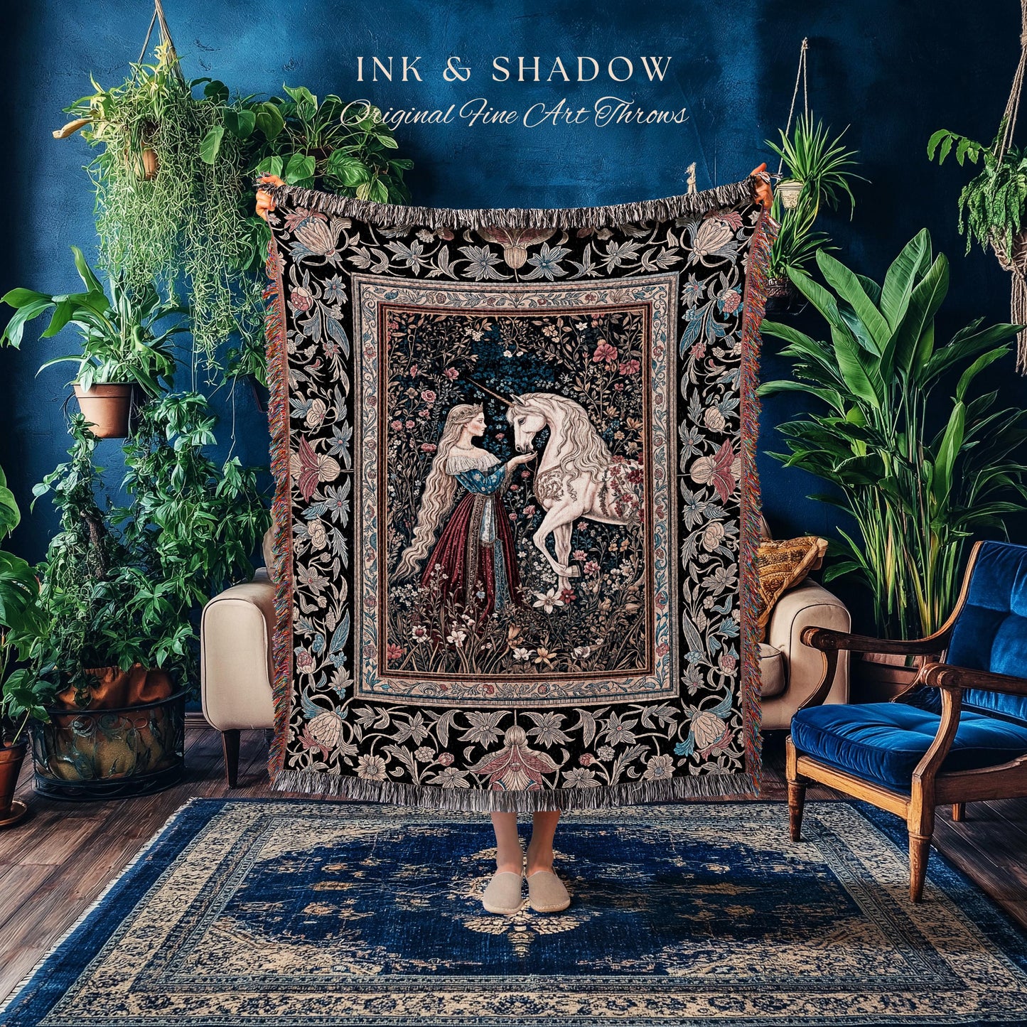 Mystic Fairytale Unicorn Throw Blanket | Renaissance Aesthetic Gloomy Coquette Woven Wall Tapestry Dark Cottagecore Storybook Gothic Theme |