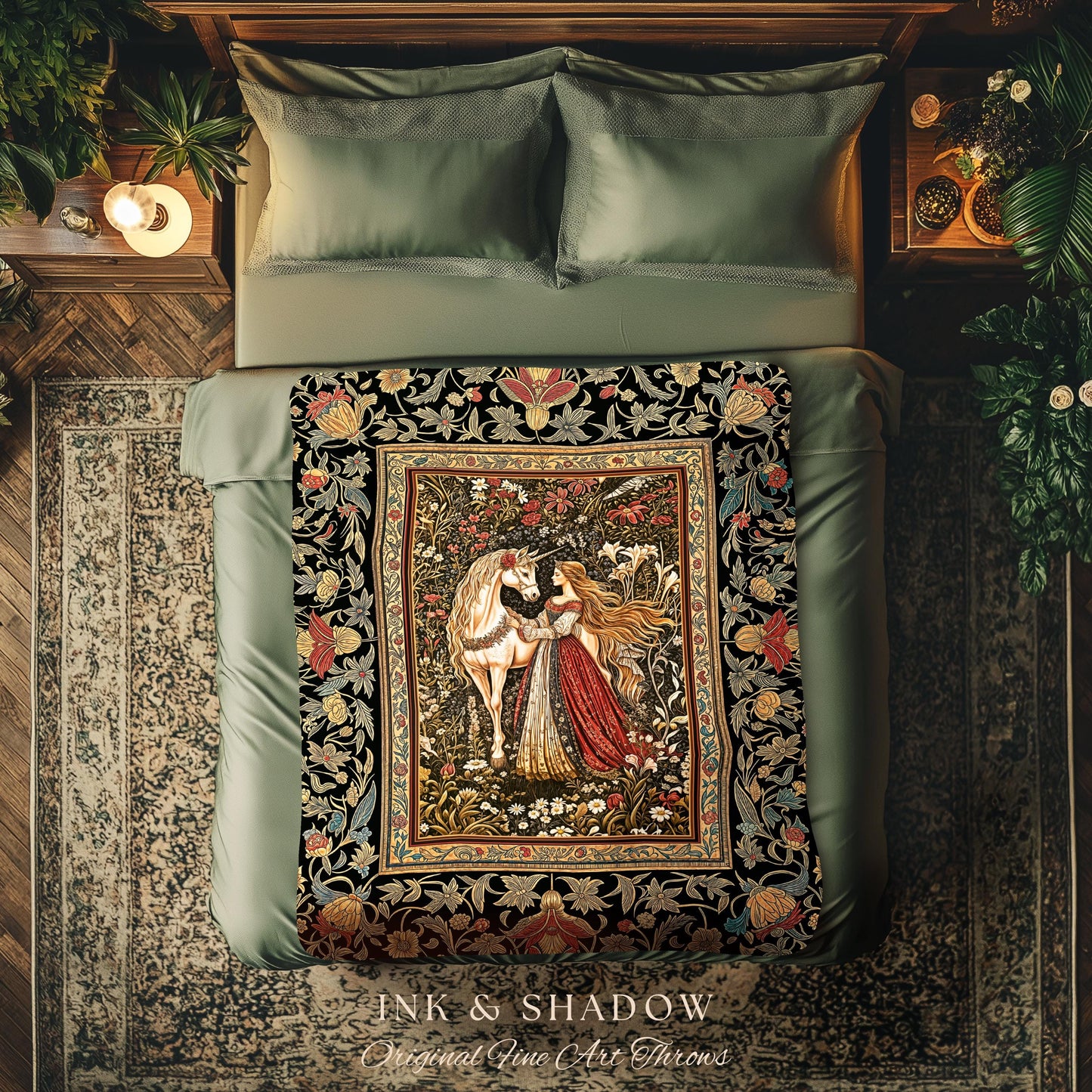 Enchanted Garden Princess Blanket | Mystical Cottagecore Royalcore Woven Tapestry Antique Fairytale Bedroom Soft Romantic Folklore Style |