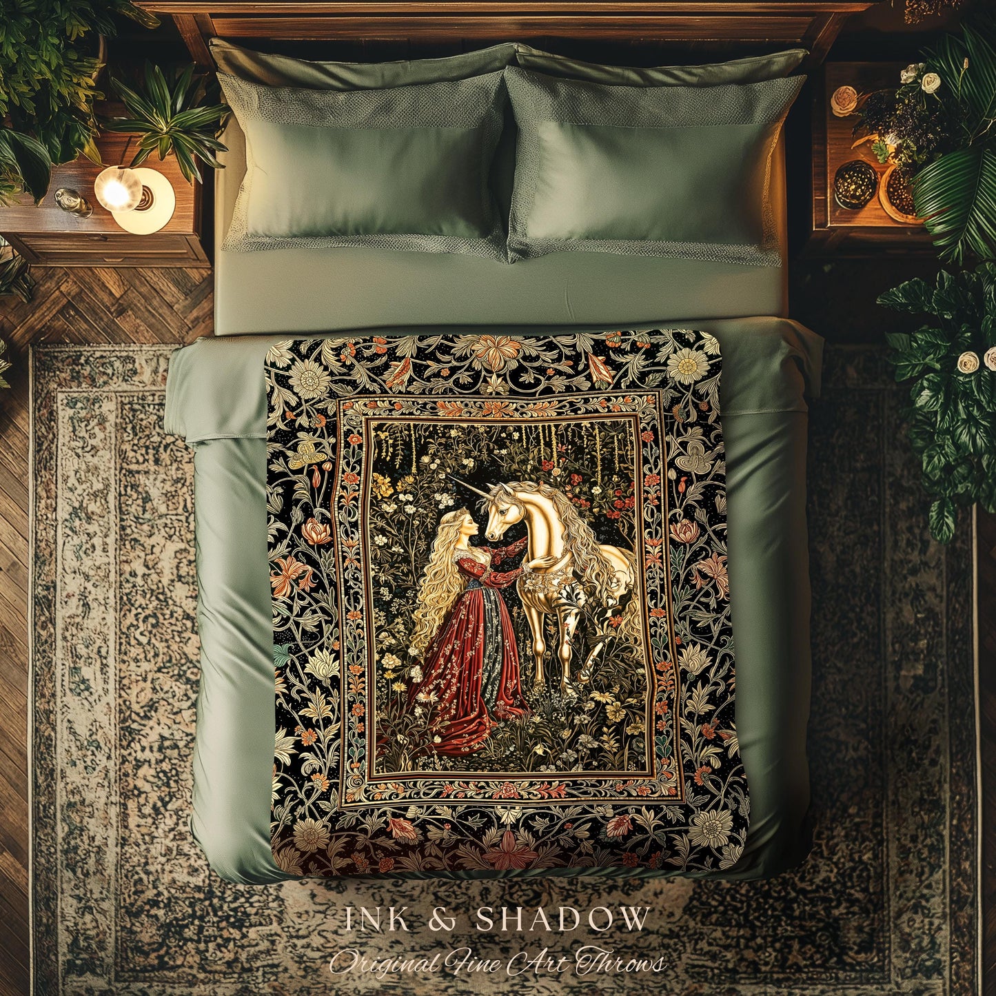 Romantic Fairytale Unicorn Throw Blanket | Regency Dark Cottagecore Coquette Woven Tapestry Dreamy Rococo Bedroom Storybook Gothic Decor |