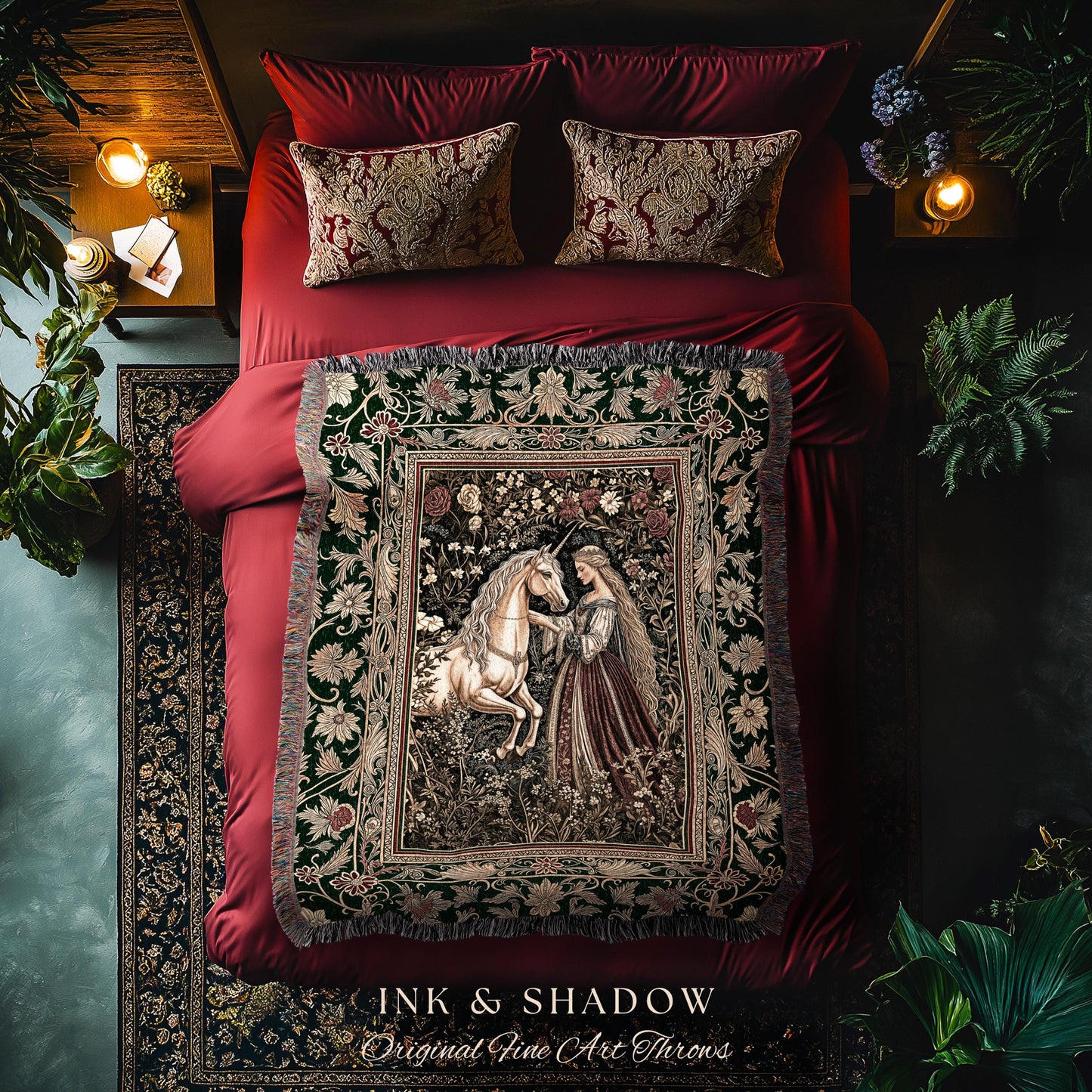 Renaissance Fairytale Floral Throw Blanket | Baroque Cottagecore Aesthetic Literary Goth Tapestry Regal Princesscore Bedroom Decor Medieval