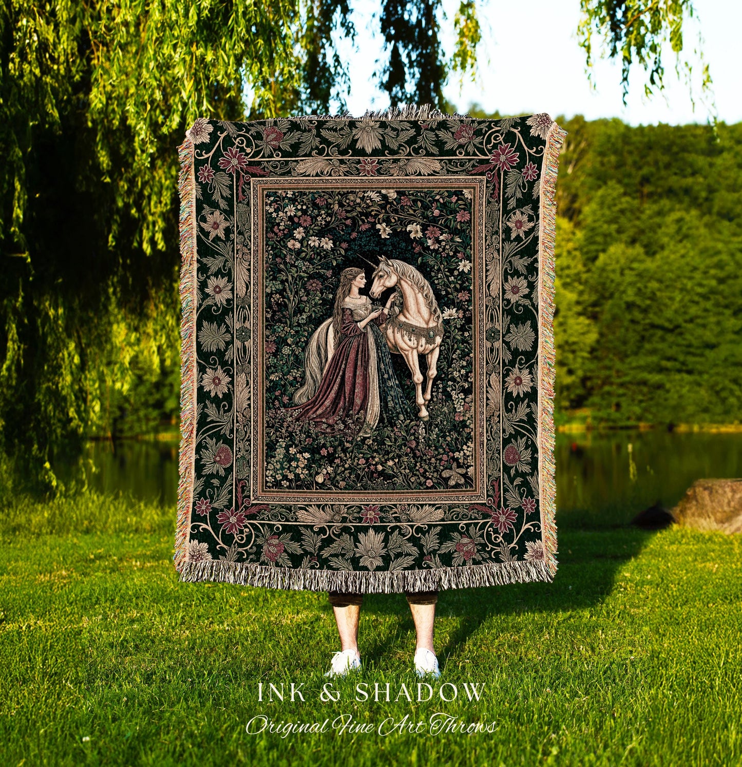 Dark Victorian Botanical Woven Wall Tapestry | Dreamy Rococo Storybook Aesthetic Romantic Fairy Bedroom Dark Cottagecore Throw Blanket |