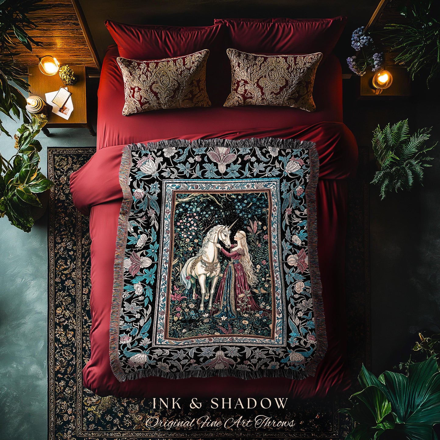 Rustic Fairytale Dark Teal Throw Blanket | Rococo Baroque Inspired Decor Medieval Princesscore Woven Tapestry Dreamy Fantasy Bedroom Style |