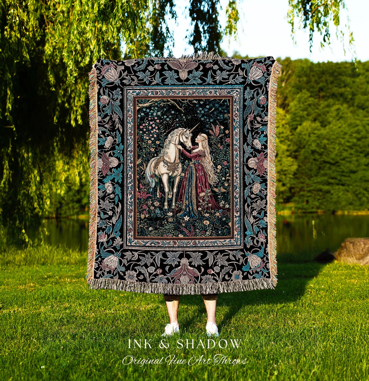 Rustic Fairytale Dark Teal Throw Blanket | Rococo Baroque Inspired Decor Medieval Princesscore Woven Tapestry Dreamy Fantasy Bedroom Style |