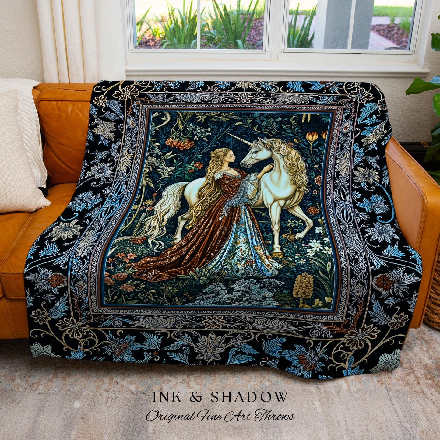 Moody Medieval Rococo Throw Blanket | Vintage Fantasy Bedroom Woven Wall Tapestry Baroque Royalcore Cottagecore Romantic Decor Cool Hues |