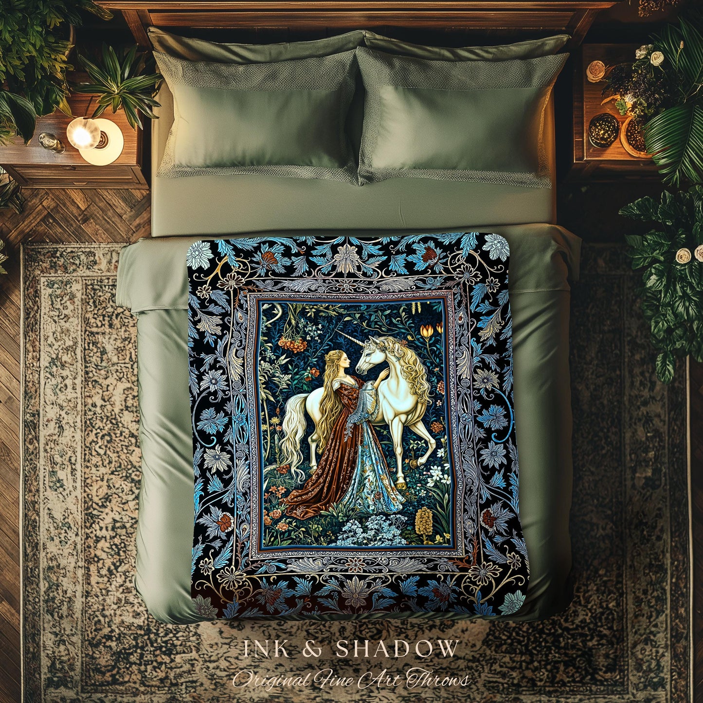 Moody Medieval Rococo Throw Blanket | Vintage Fantasy Bedroom Woven Wall Tapestry Baroque Royalcore Cottagecore Romantic Decor Cool Hues |