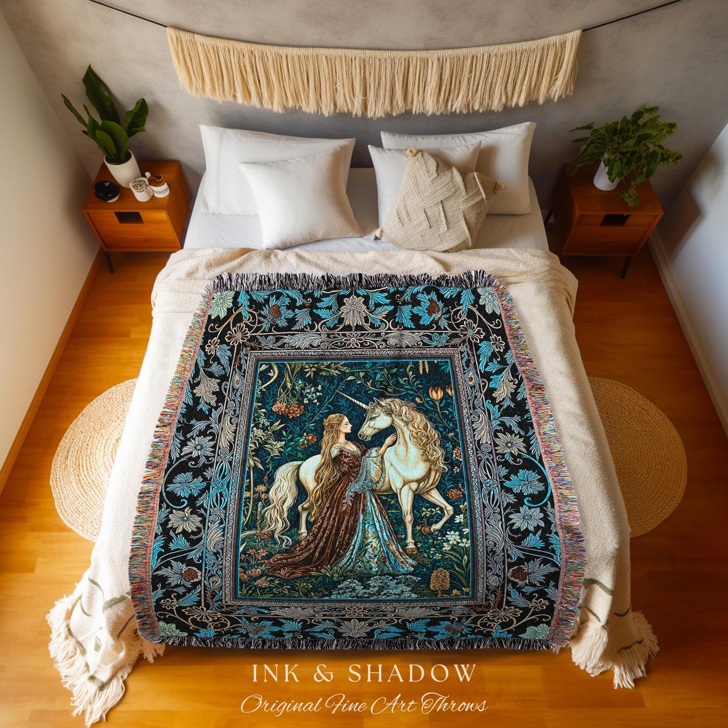 Moody Medieval Rococo Throw Blanket | Vintage Fantasy Bedroom Woven Wall Tapestry Baroque Royalcore Cottagecore Romantic Decor Cool Hues |
