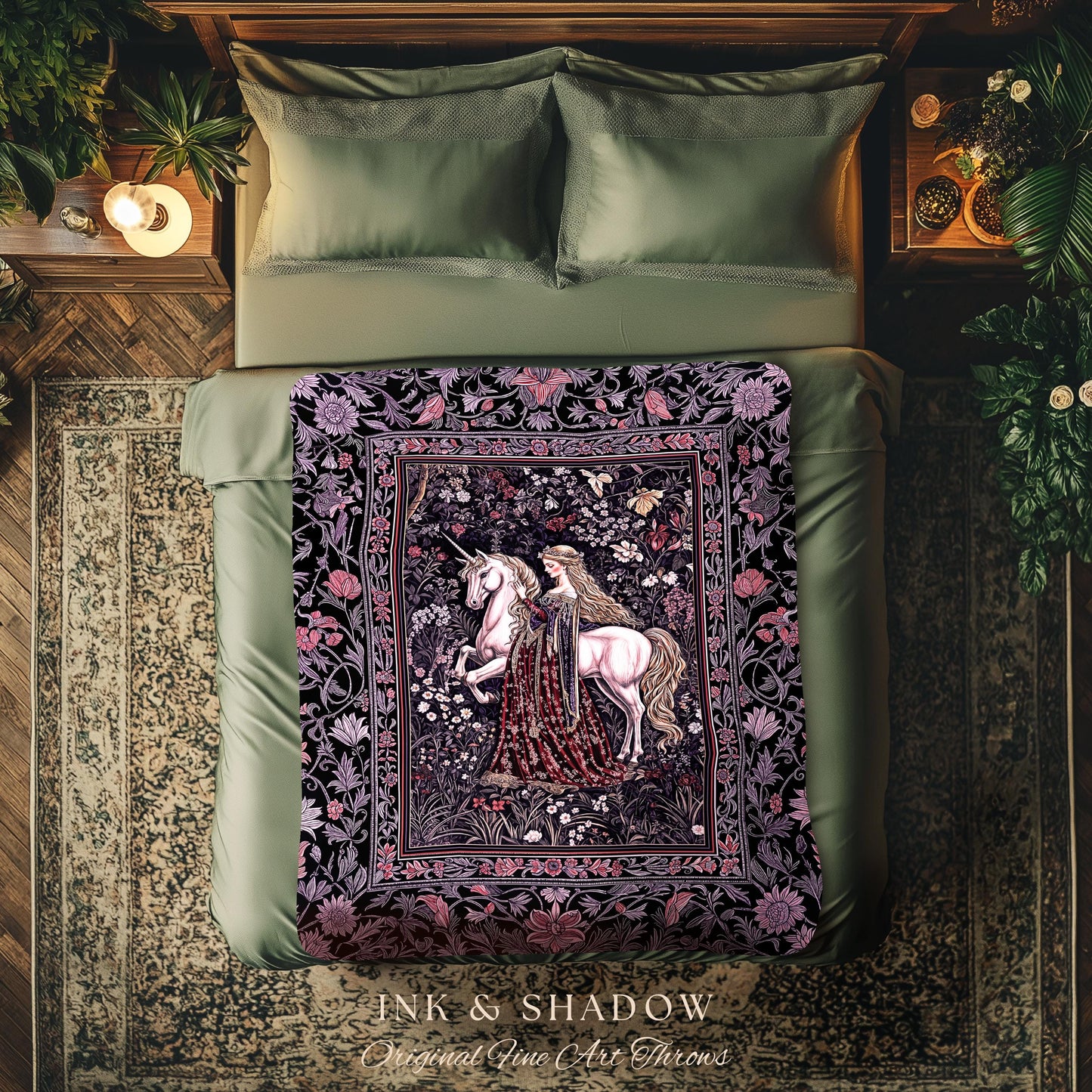 Pastel Whimsical Medieval Woven Tapestry | Enchanted Cottagecore Throw Blanket Romantic Goth Princess Bedroom Fairytale Regal Coquette Decor