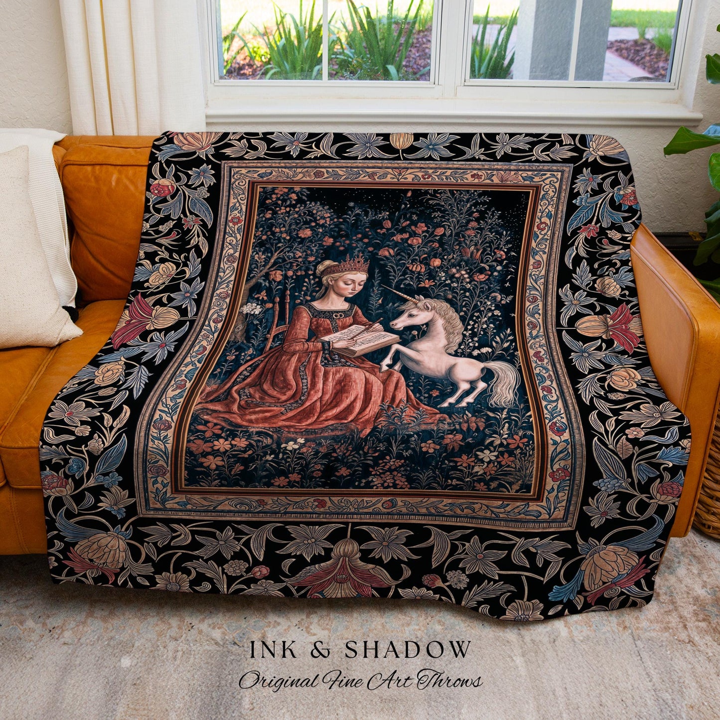 Fairytale Unicorn Victorian Tapestry Blanket | Storybook Dark Academia Decor Fairytale Princess Rococo Tapestry Romantic Cottage Aesthetic |