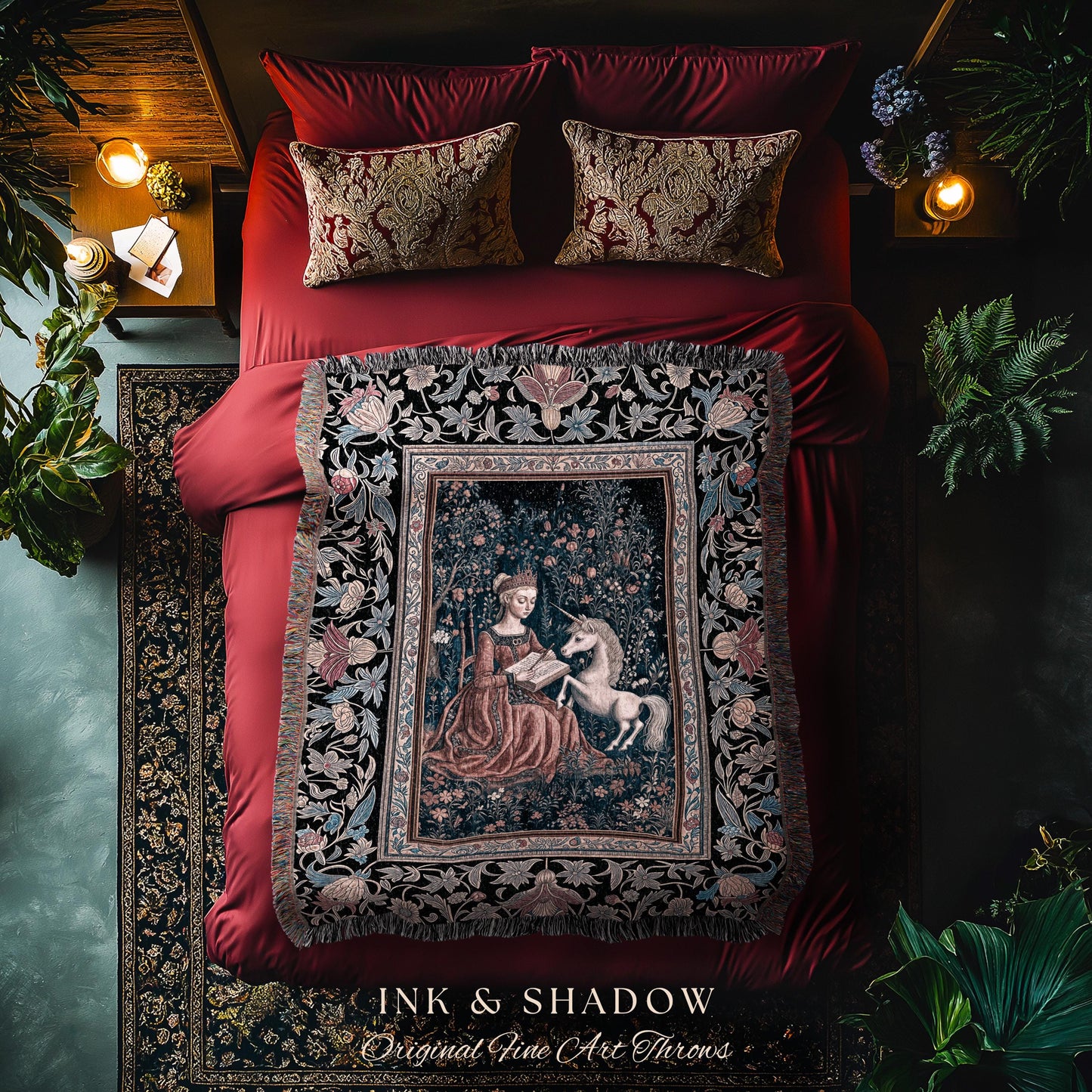 Fairytale Unicorn Victorian Tapestry Blanket | Storybook Dark Academia Decor Fairytale Princess Rococo Tapestry Romantic Cottage Aesthetic |