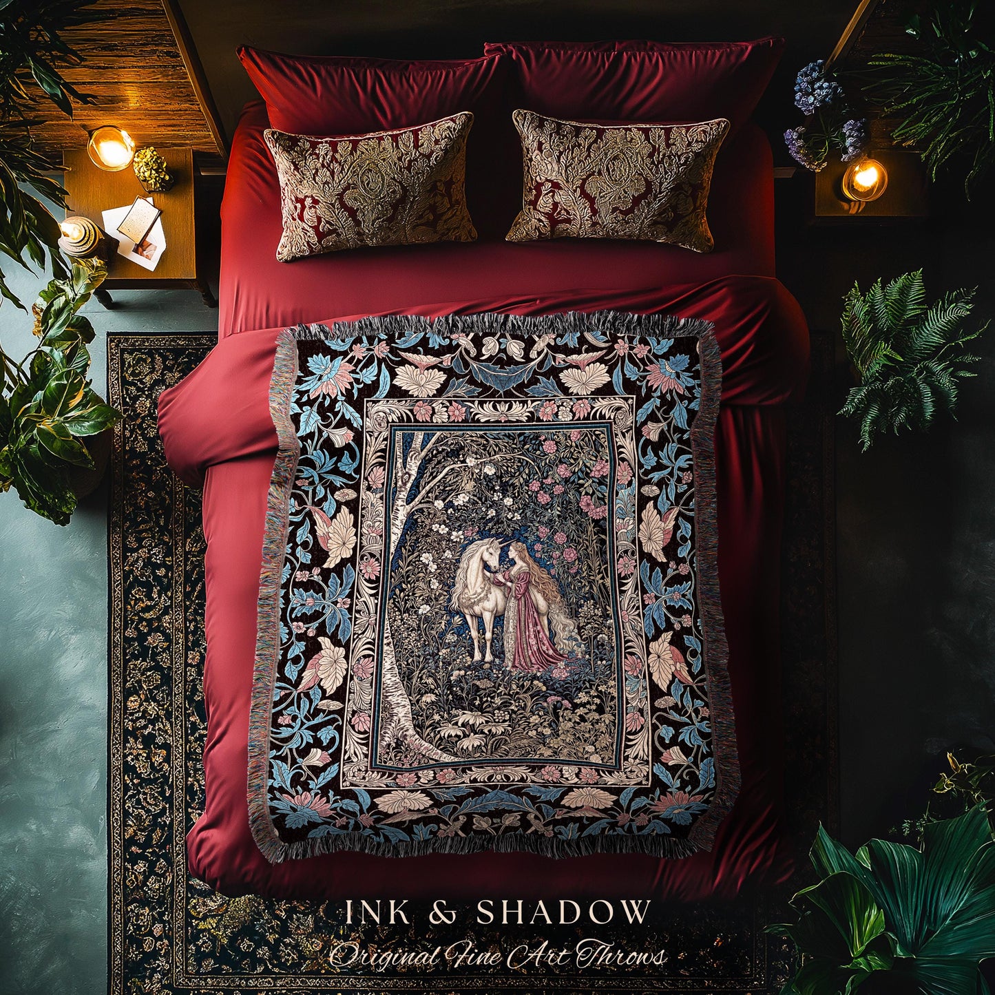 Fairy Forest Floral Maximalist Blanket | Pastel Coquette Light Academia Bedroom Ethereal Forest Spirits Dreamy Fairytale Woven Wall Tapestry