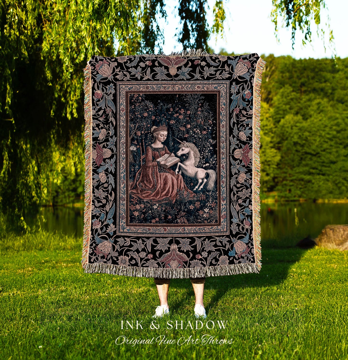Fairytale Unicorn Victorian Tapestry Blanket | Storybook Dark Academia Decor Fairytale Princess Rococo Tapestry Romantic Cottage Aesthetic |