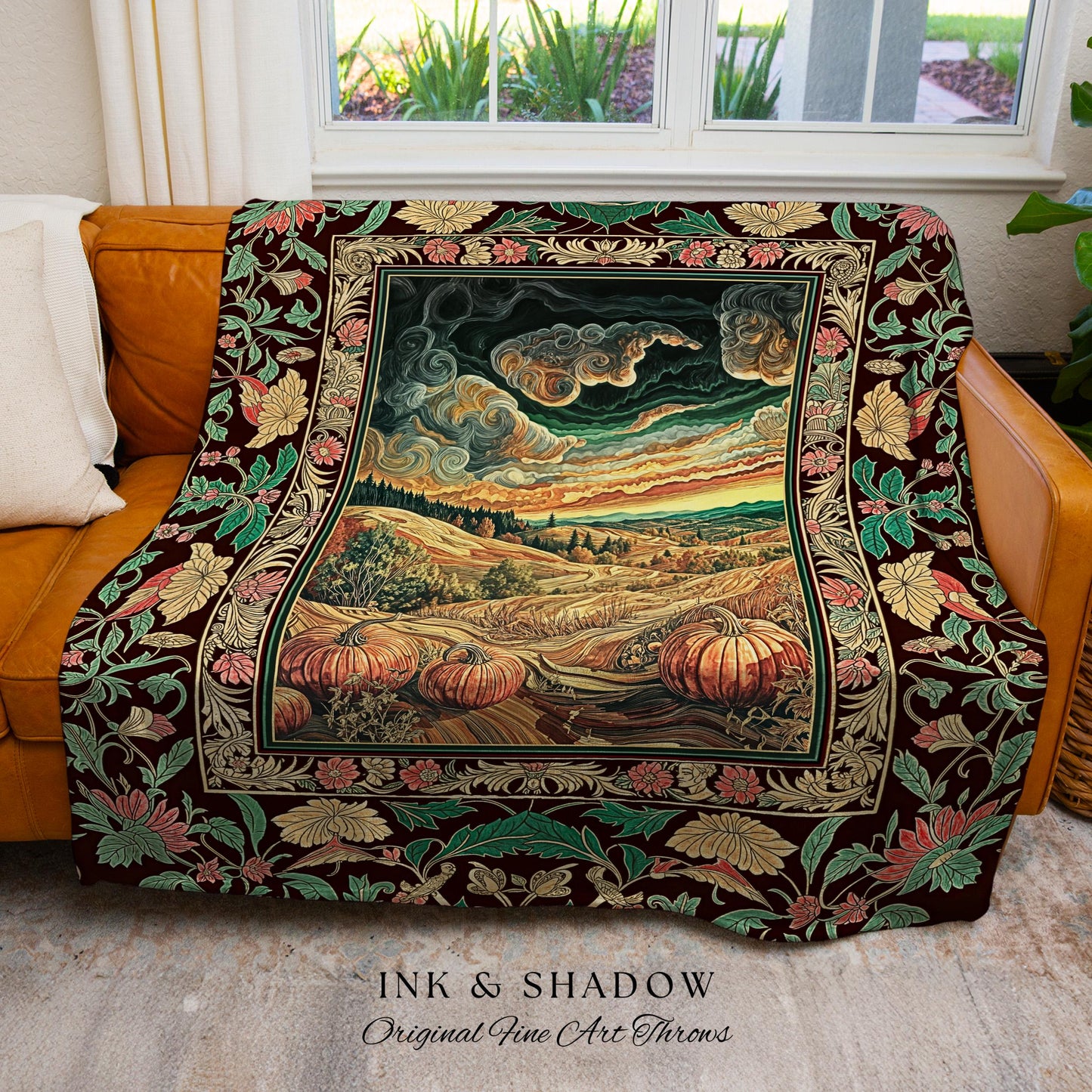 Baroque Autumn Landscape Ornate Tapestry | Whimsigothic Woven Throw Blanket Rustic Pumpkin Patch Decor Dark Academia Spooky Season Vintage |