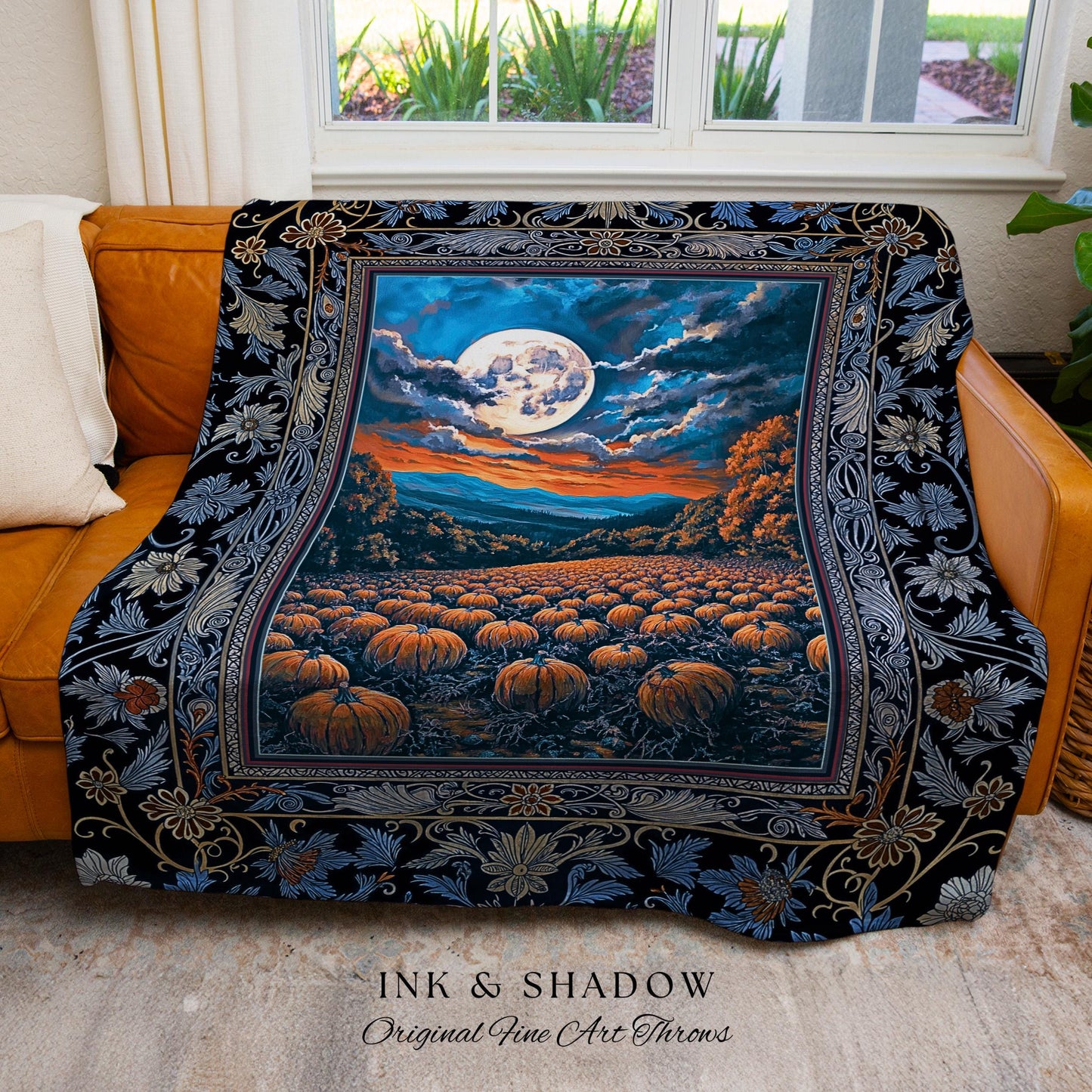 Mystic Full Moon Pumpkin Patch Woven Tapestry | Dark Royal Blue Whimsigoth Vintage Halloween Decor Rustic Elegant Academia Fall Home Accent