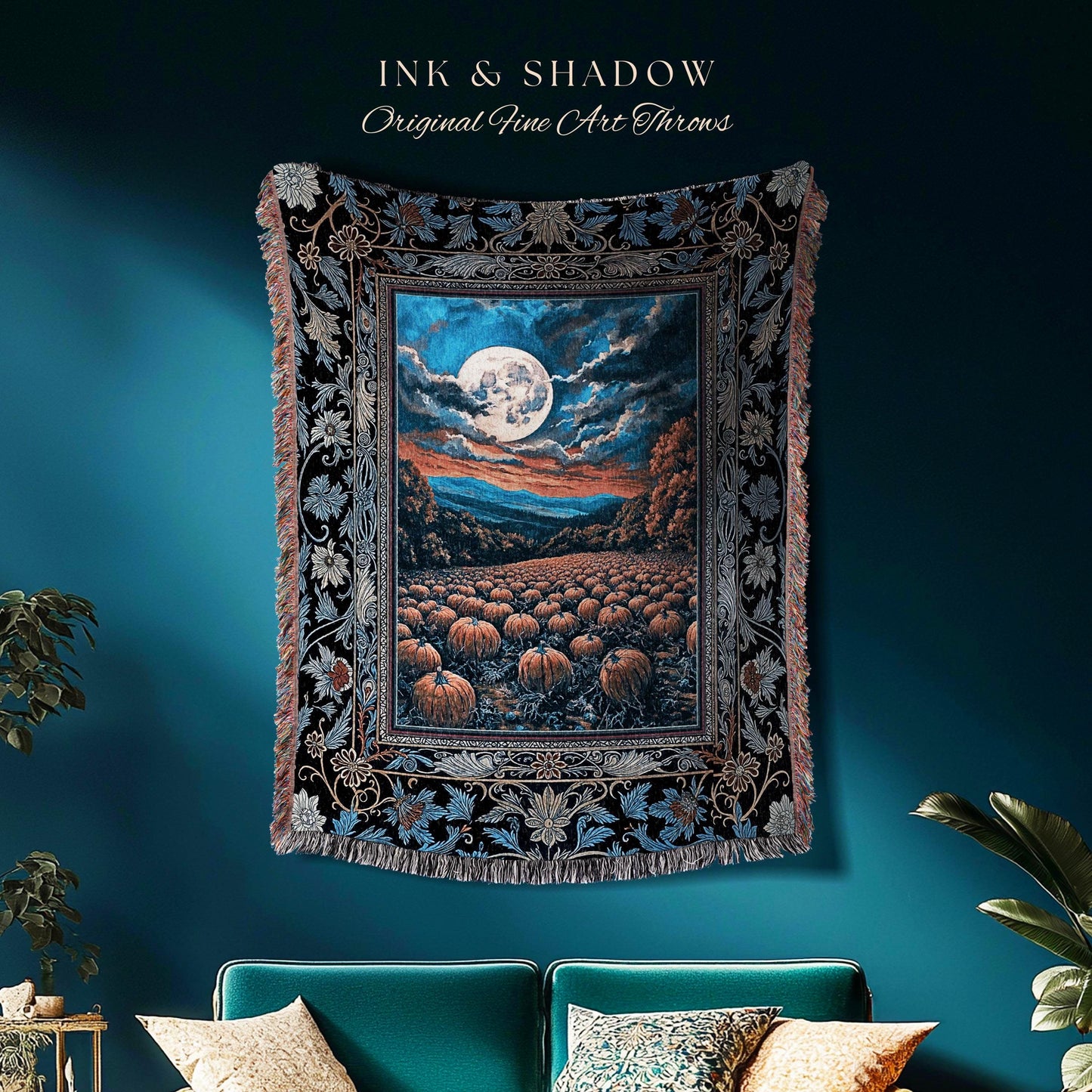 Mystic Full Moon Pumpkin Patch Woven Tapestry | Dark Royal Blue Whimsigoth Vintage Halloween Decor Rustic Elegant Academia Fall Home Accent