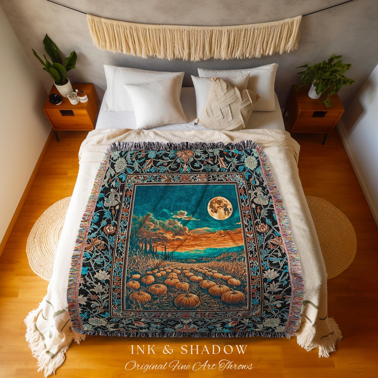 Romantic Fall Aesthetic Full Moon Cozy Throw Blanket | Rustic Pumpkin Decor Whimsigoth Spooky Academia Vibes Retro Halloween Woven Tapestry