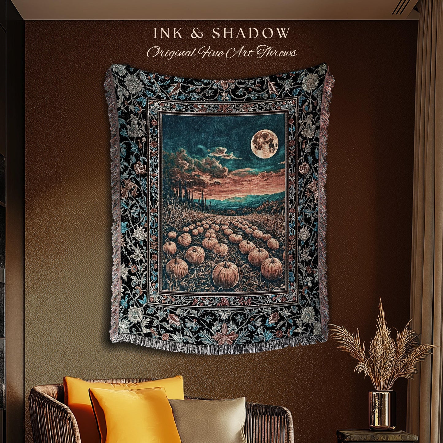 Romantic Fall Aesthetic Full Moon Cozy Throw Blanket | Rustic Pumpkin Decor Whimsigoth Spooky Academia Vibes Retro Halloween Woven Tapestry