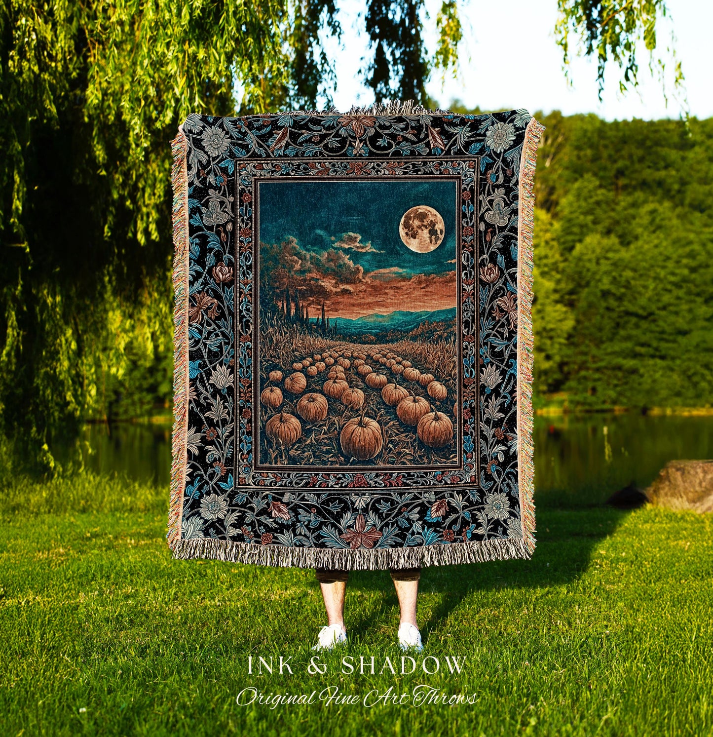 Romantic Fall Aesthetic Full Moon Cozy Throw Blanket | Rustic Pumpkin Decor Whimsigoth Spooky Academia Vibes Retro Halloween Woven Tapestry