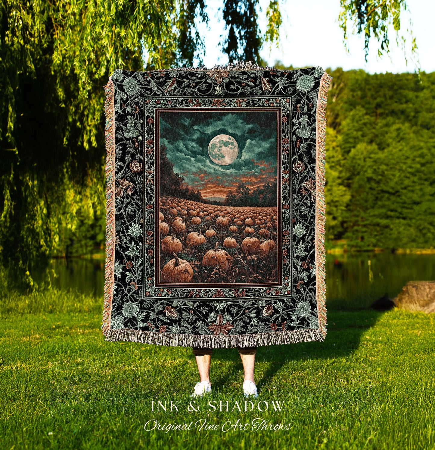 Retro Halloween Harvest Blanket | Full Moon Gothic Woven Wall Tapestry Whimsigoth Cozy Autumn Vibes Pumpkin Halloween Rustic Decor Witchy |