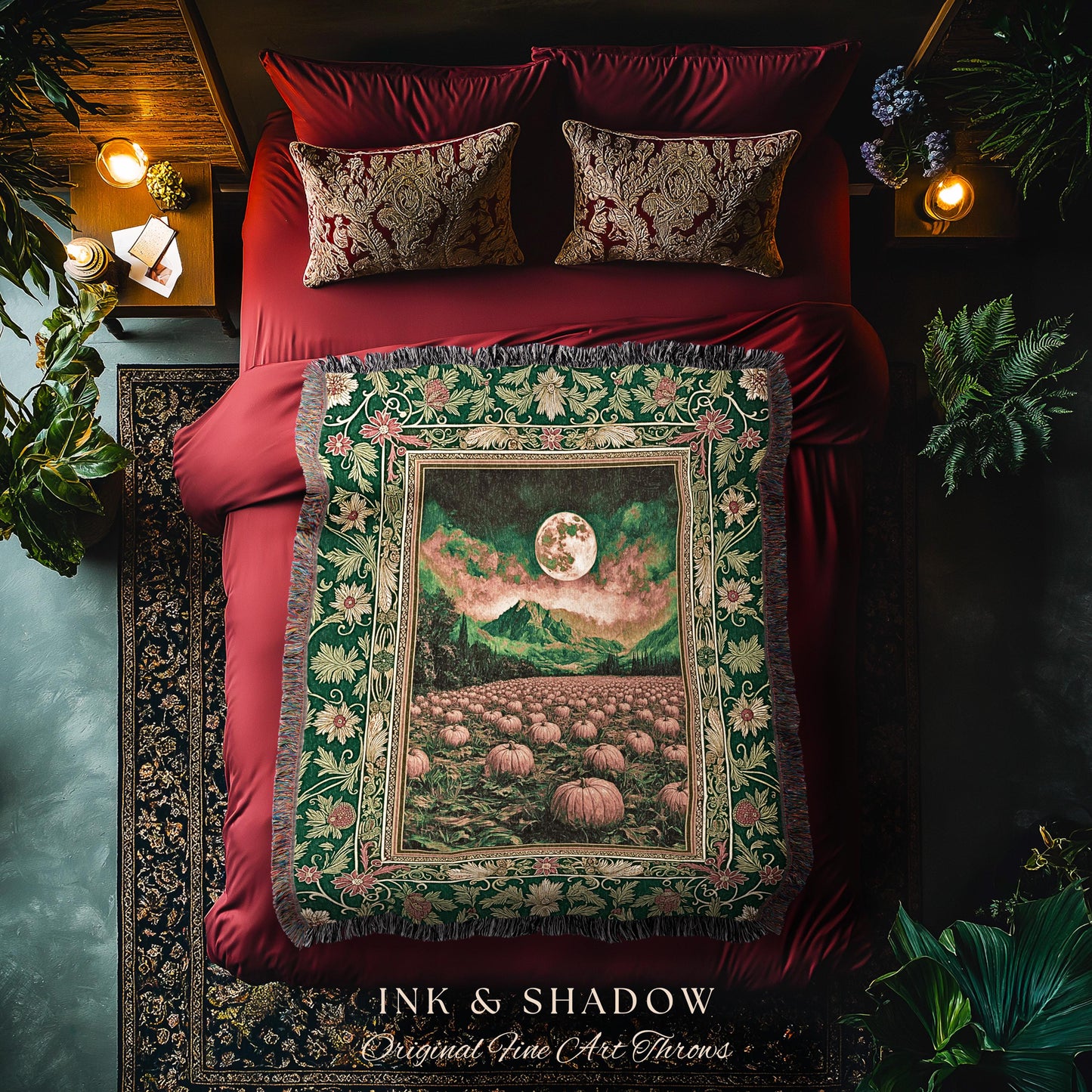 Magic Aesthetic Full Moon Woven Throw | Whimsical Autumn Aesthetic Crowcore Pumpkin Tapestry Rustic Halloween Fall Gothic Witchy Academia