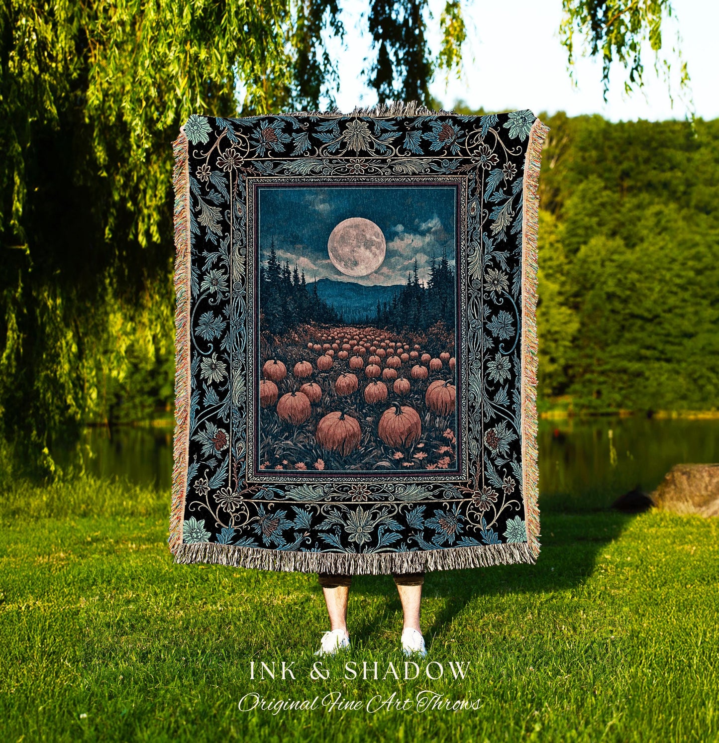 Moody Harvest Moon Woven Throw Blanket | Ethereal Moonlight Cottagecore Tapestry Cozy Autumn Aesthetic Whimsigoth Dark Academia Halloween |