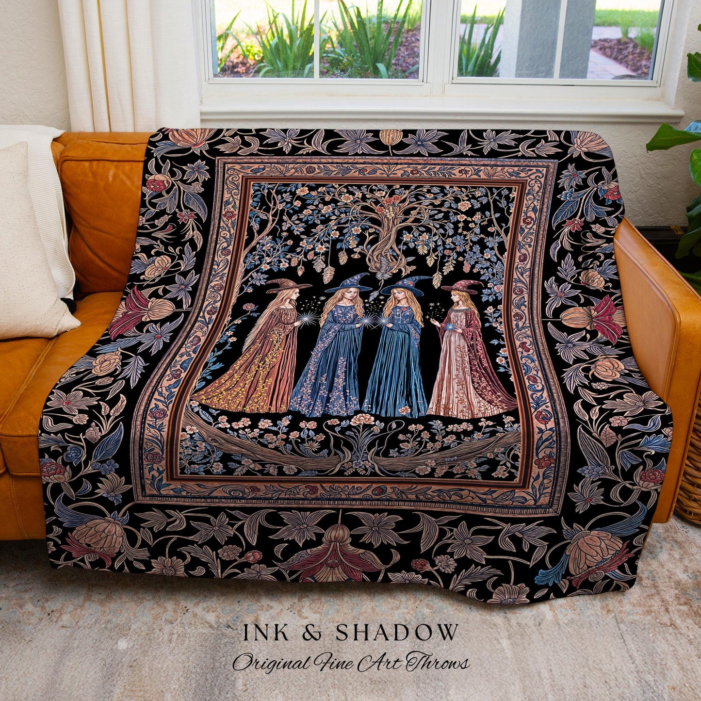 Witchy Folklore Ethereal Woven Tapestry | Occult Baroque Witches Dreamy Aesthetic Magical Woven Throw Blanket Crowcore Renaissance Ornate
