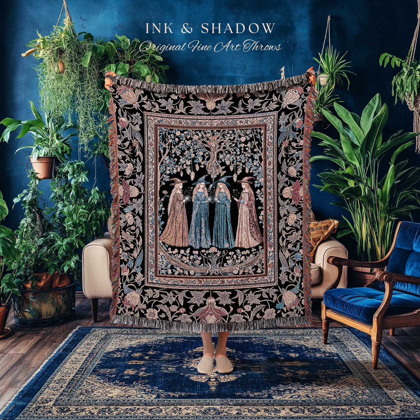 Witchy Folklore Ethereal Woven Tapestry | Occult Baroque Witches Dreamy Aesthetic Magical Woven Throw Blanket Crowcore Renaissance Ornate