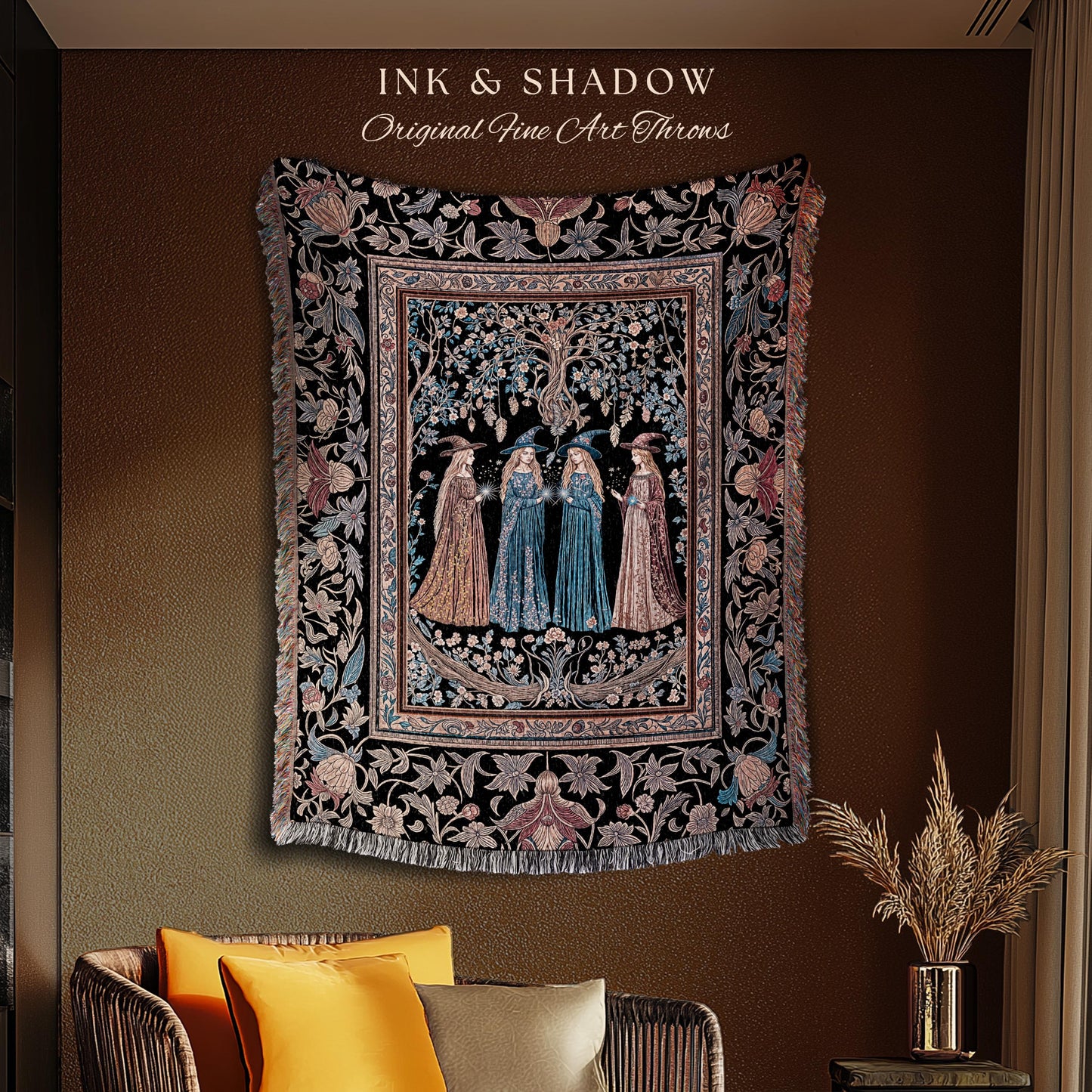 Witchy Folklore Ethereal Woven Tapestry | Occult Baroque Witches Dreamy Aesthetic Magical Woven Throw Blanket Crowcore Renaissance Ornate