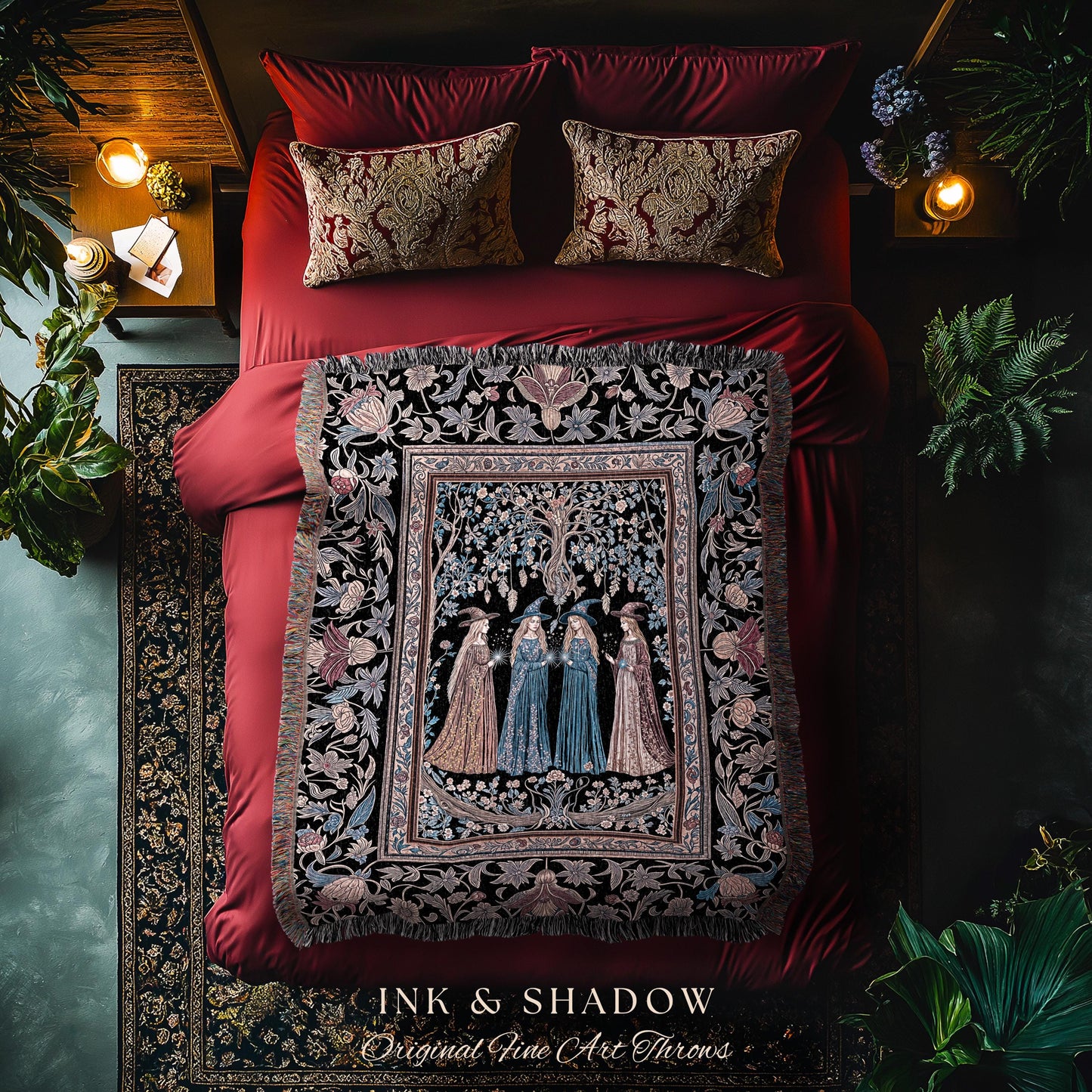 Witchy Folklore Ethereal Woven Tapestry | Occult Baroque Witches Dreamy Aesthetic Magical Woven Throw Blanket Crowcore Renaissance Ornate