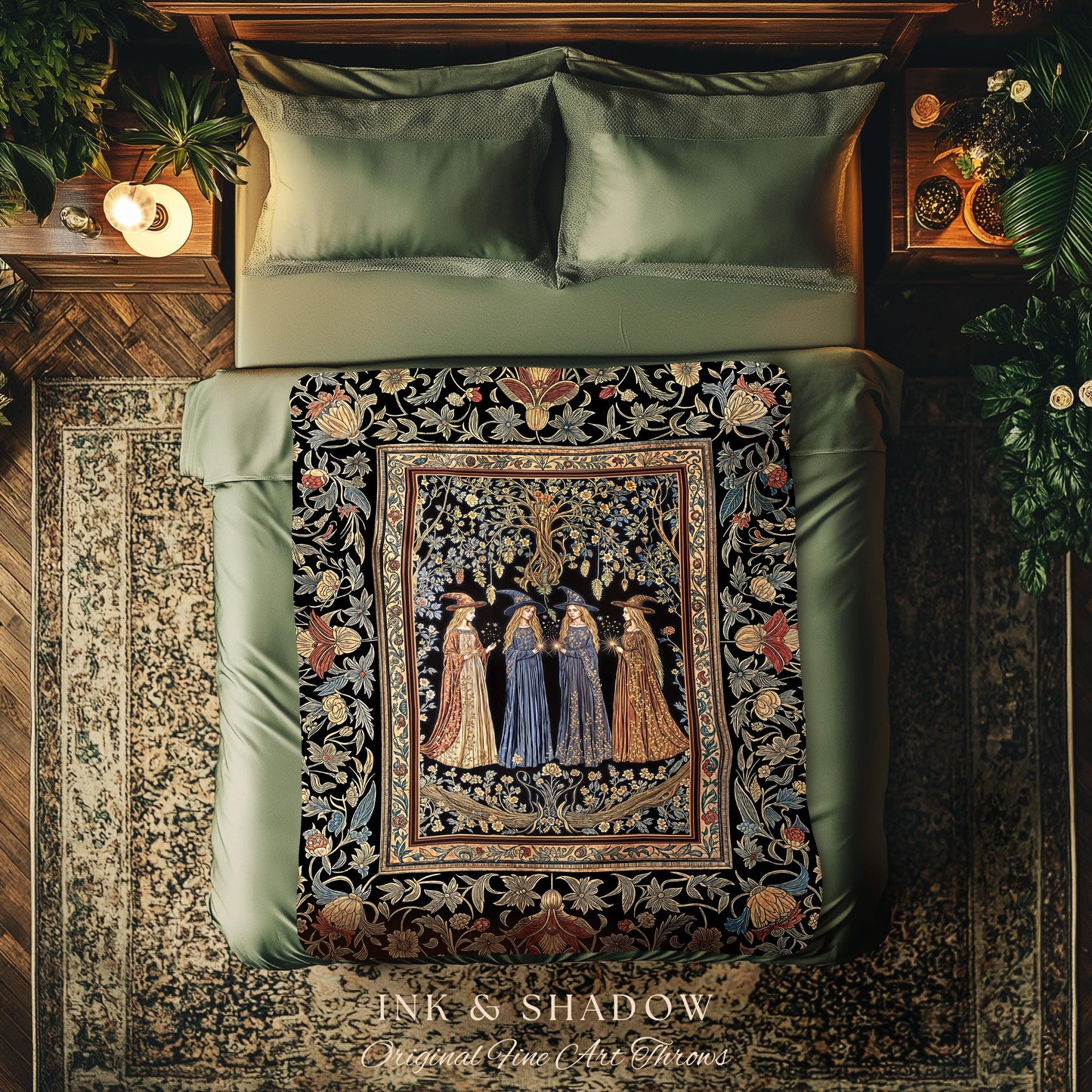 Celestial Witches Gothic Woven Wall Tapestry | Dreamy Maiden Forest Enchantment Floral Magic Coven Throw Blanket Folk Tale Sisterhood Art |